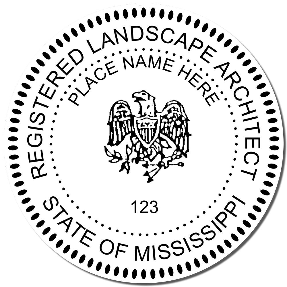 An alternative view of the Digital Mississippi Landscape Architect Stamp stamped on a sheet of paper showing the image in use