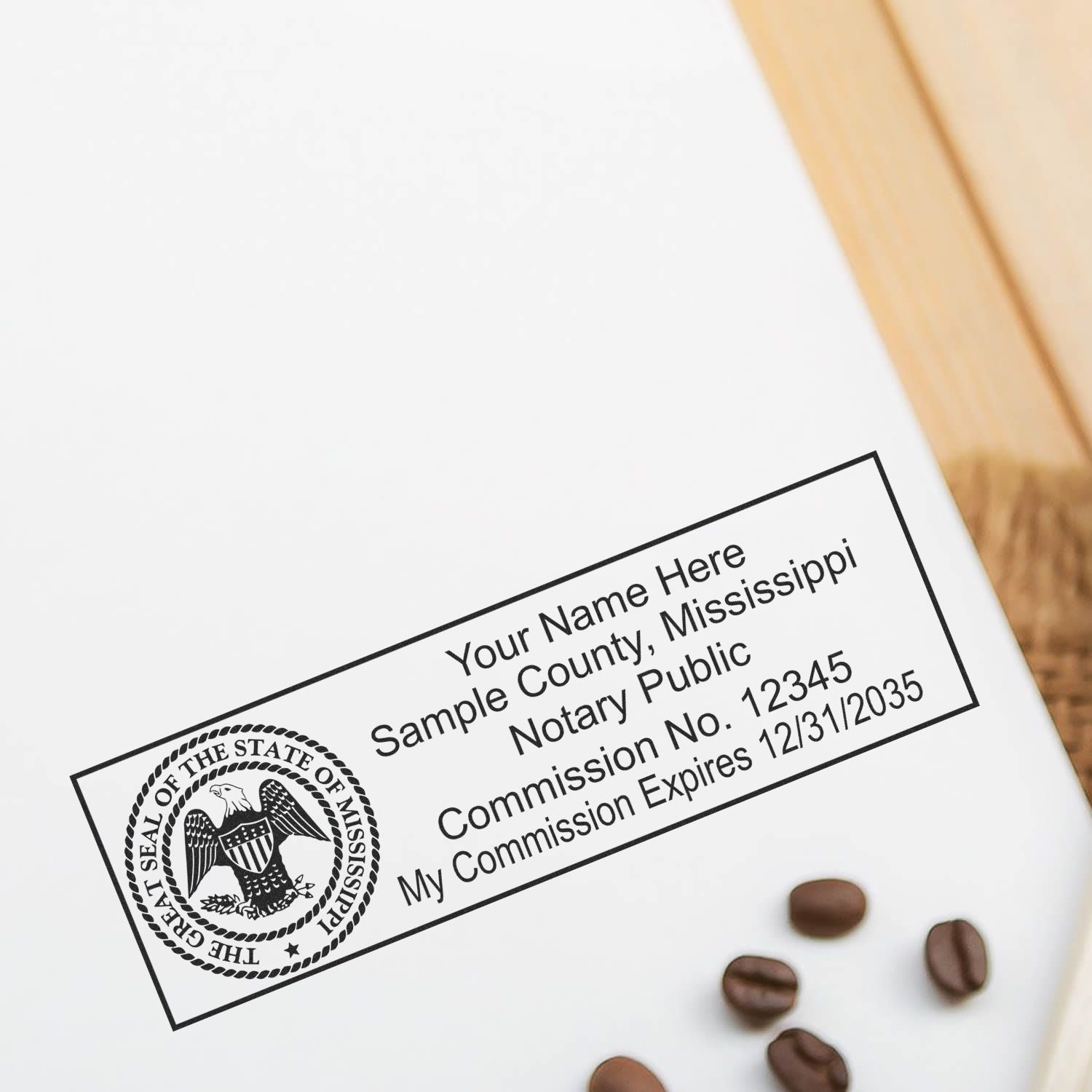 A photograph of the MaxLight Premium Pre-Inked Mississippi State Seal Notarial Stamp stamp impression reveals a vivid, professional image of the on paper.