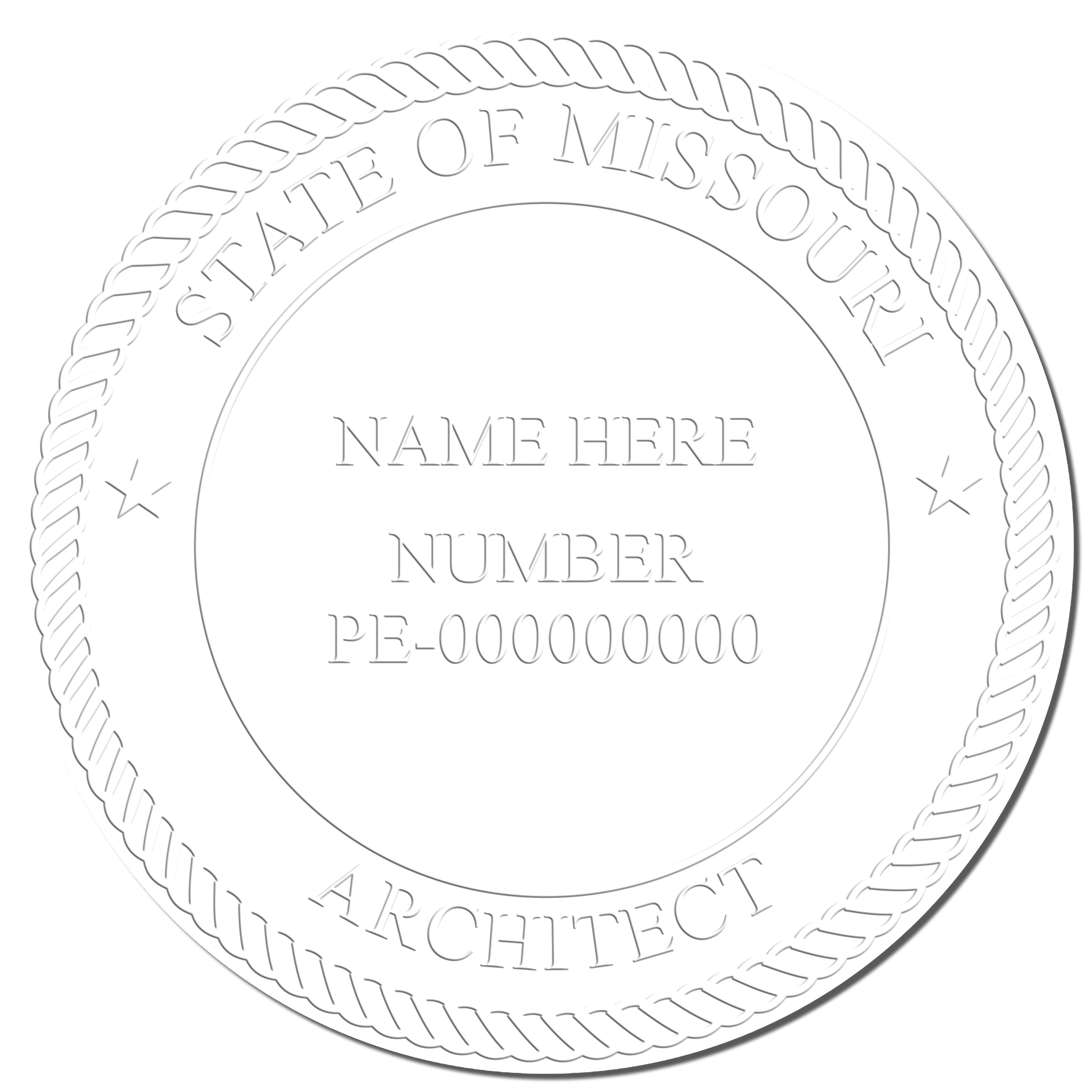 This paper is stamped with a sample imprint of the Heavy Duty Cast Iron Missouri Architect Embosser, signifying its quality and reliability.