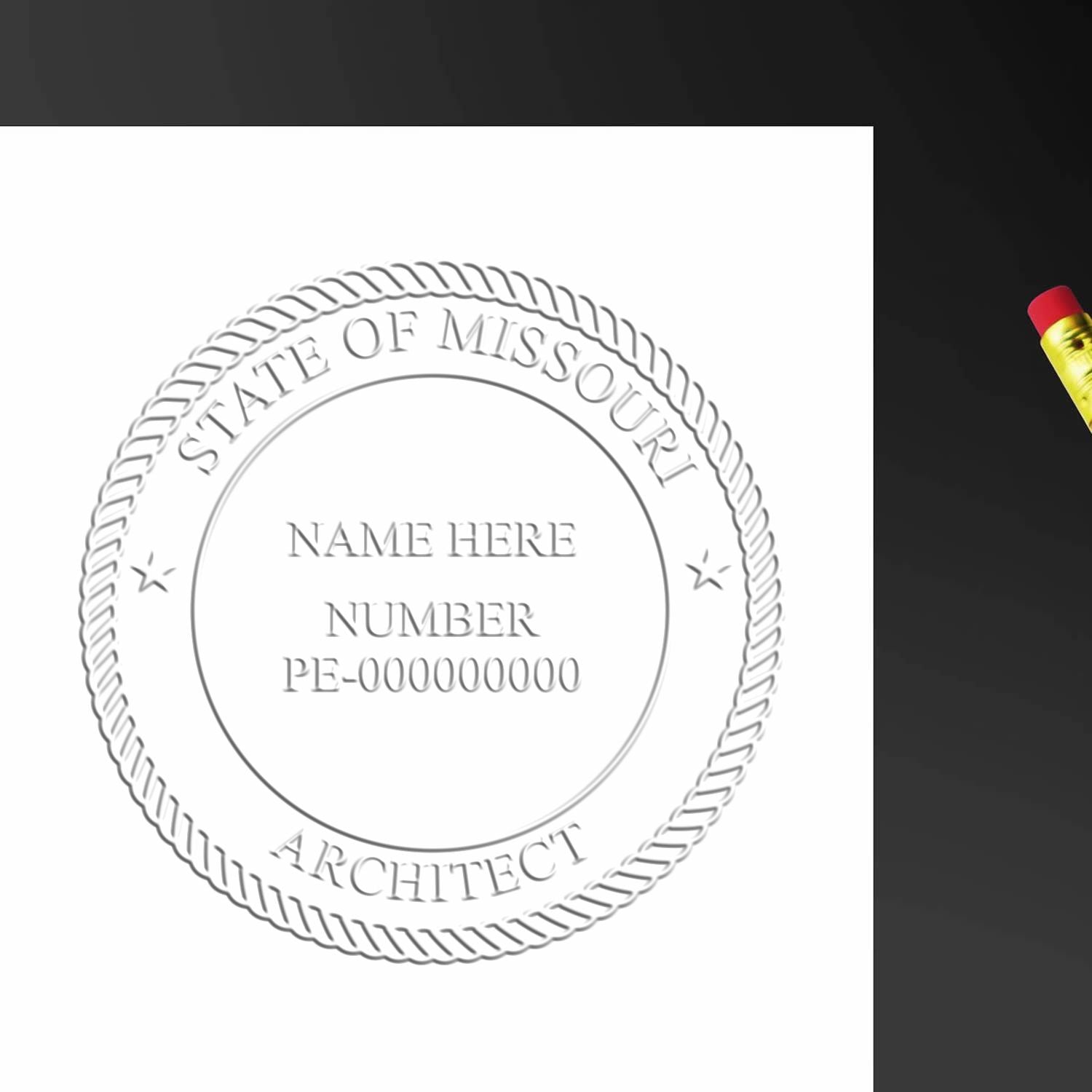 Extended Long Reach Missouri Architect Seal Embosser in use photo showing a stamped imprint of the Extended Long Reach Missouri Architect Seal Embosser