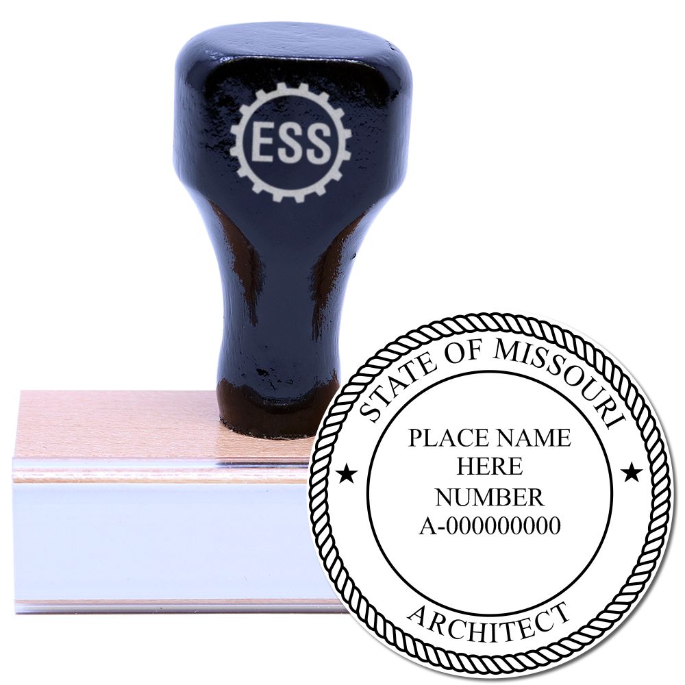 Missouri Architect Seal Stamp with a wooden handle and rubber base, featuring the text STATE OF MISSOURI ARCHITECT and customizable name and number.