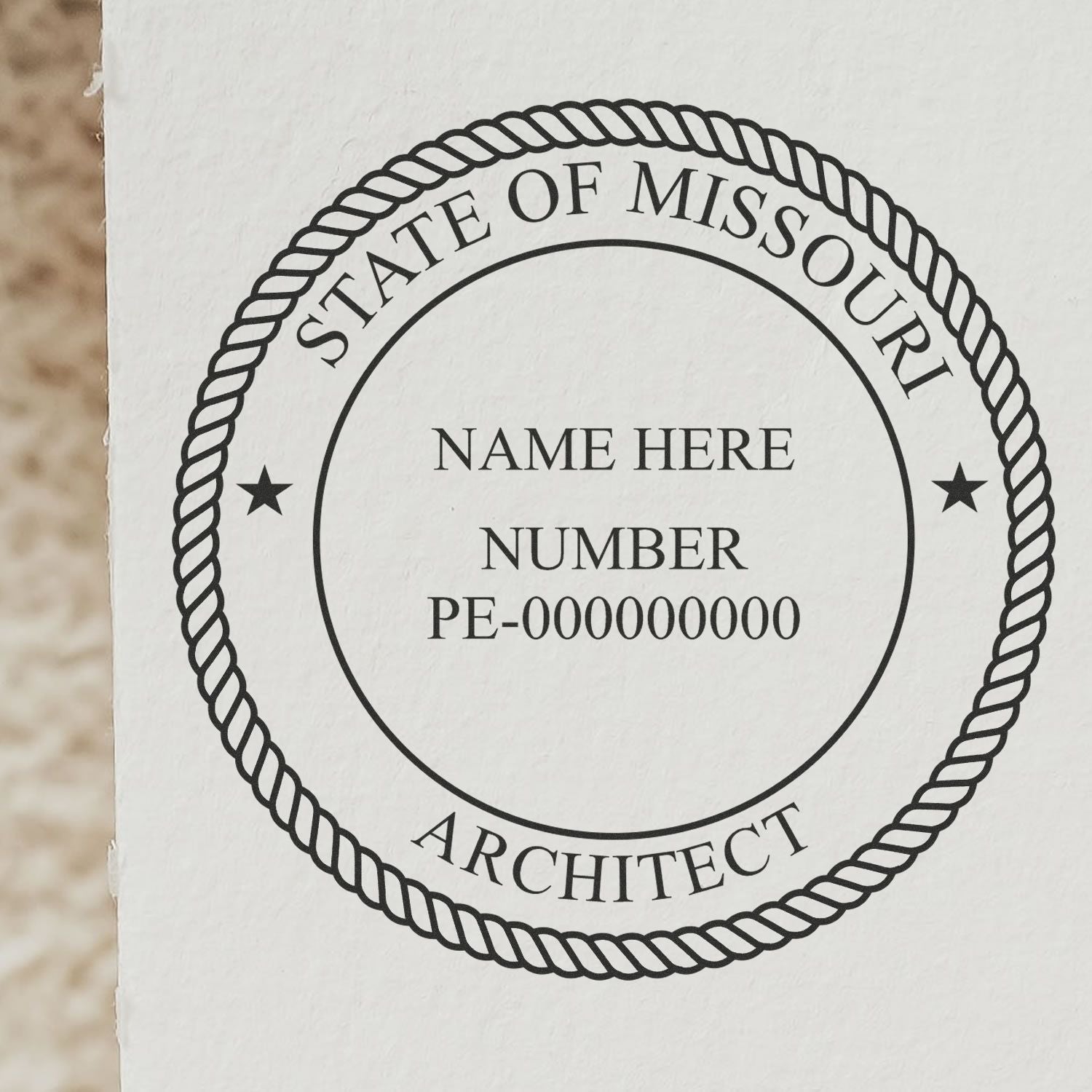 Missouri Architect Seal Stamp with customizable fields for name and number, surrounded by a rope border and stars on a white background.