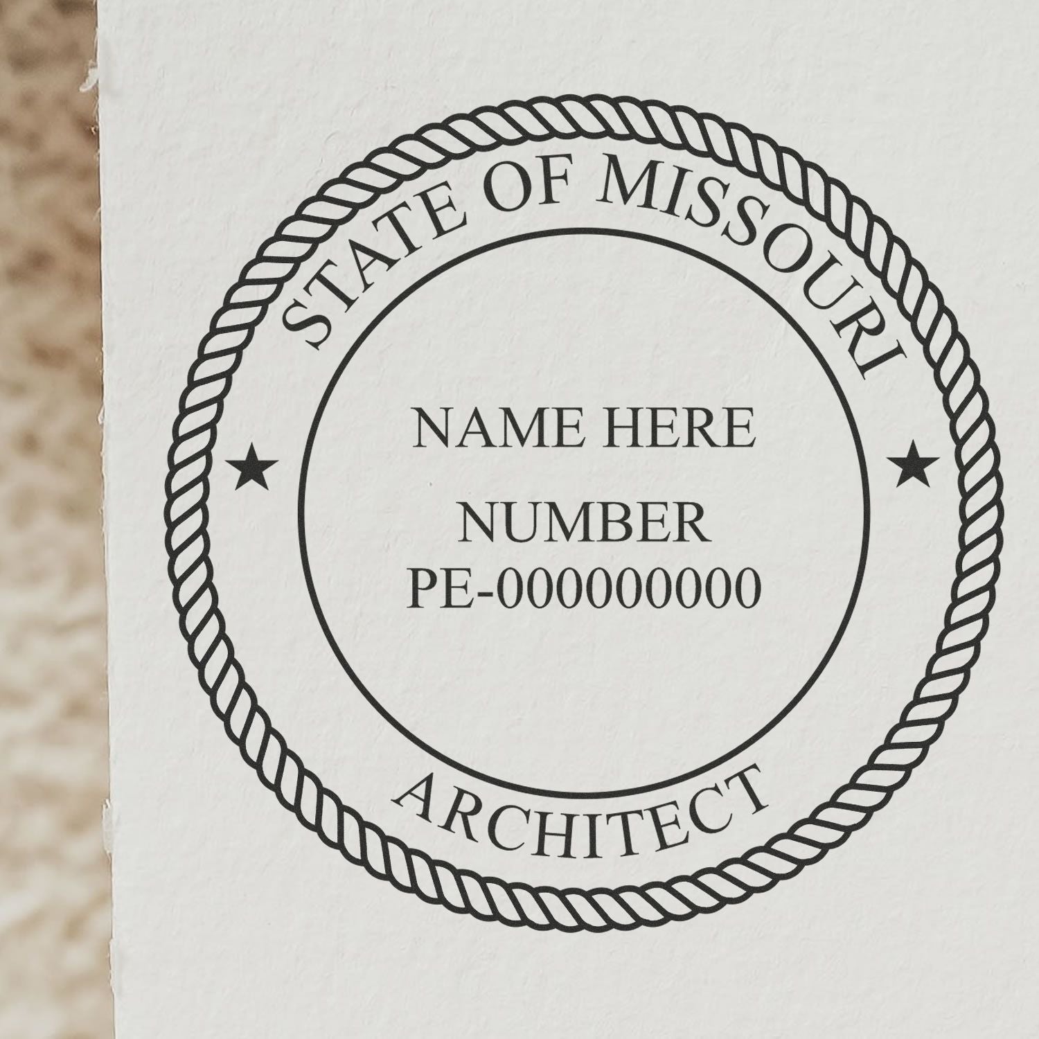 Slim Pre-Inked Missouri Architect Seal Stamp in use photo showing a stamped imprint of the Slim Pre-Inked Missouri Architect Seal Stamp