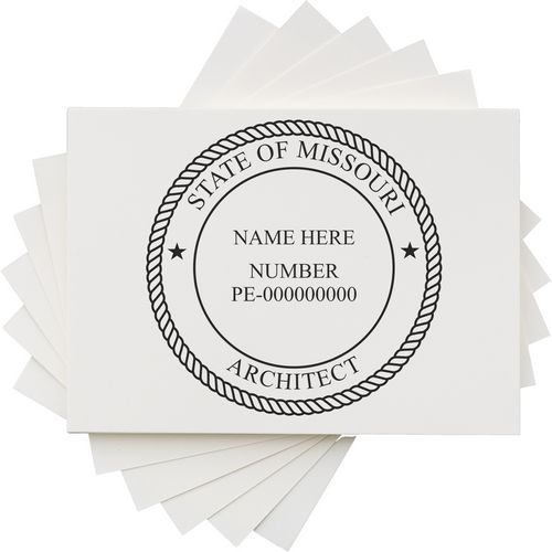 Self Inking Missouri Architect Stamp with customizable name and number, displayed on white paper with the state seal design.