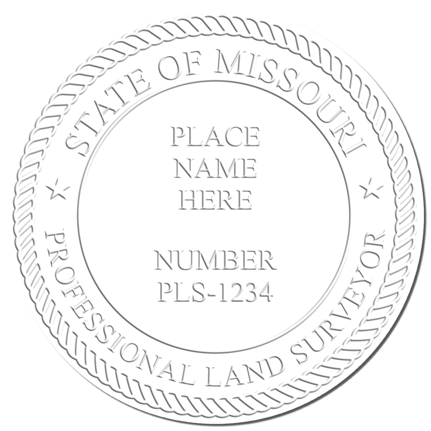 This paper is stamped with a sample imprint of the State of Missouri Soft Land Surveyor Embossing Seal, signifying its quality and reliability.