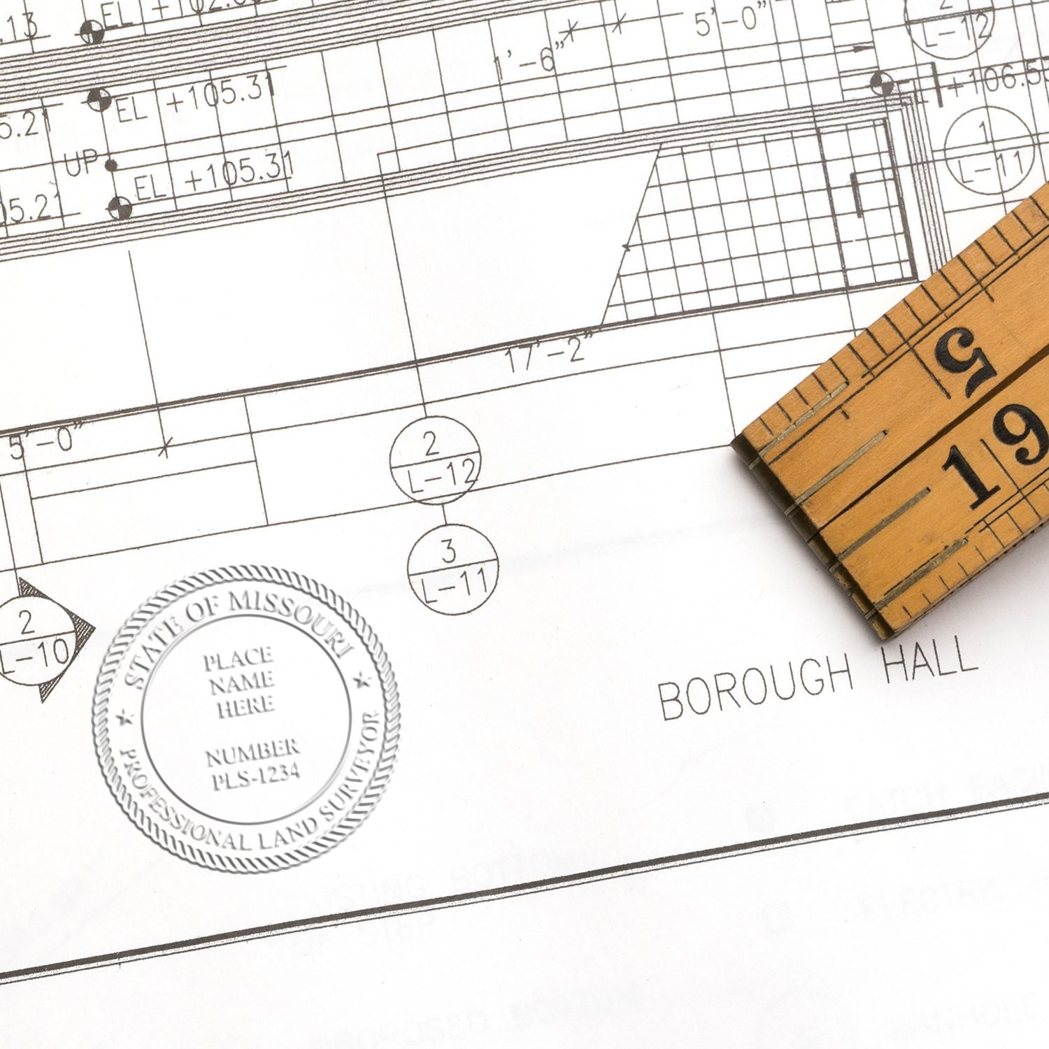 Long Reach Missouri Land Surveyor Seal in use photo showing a stamped imprint of the Long Reach Missouri Land Surveyor Seal