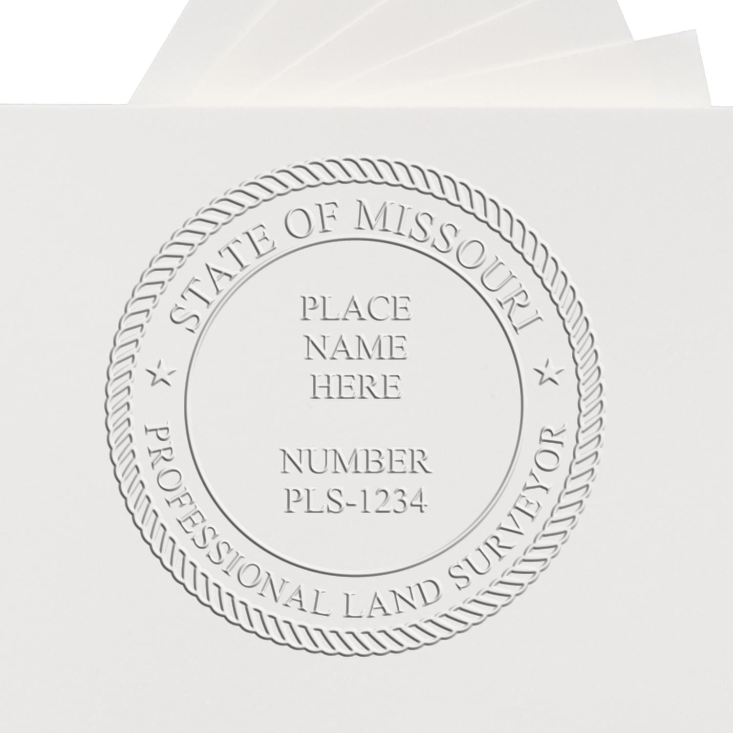 A lifestyle photo showing a stamped image of the State of Missouri Soft Land Surveyor Embossing Seal on a piece of paper