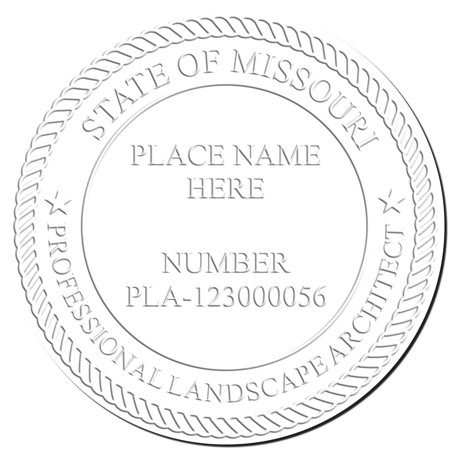 This paper is stamped with a sample imprint of the Missouri Desk Landscape Architectural Seal Embosser, signifying its quality and reliability.