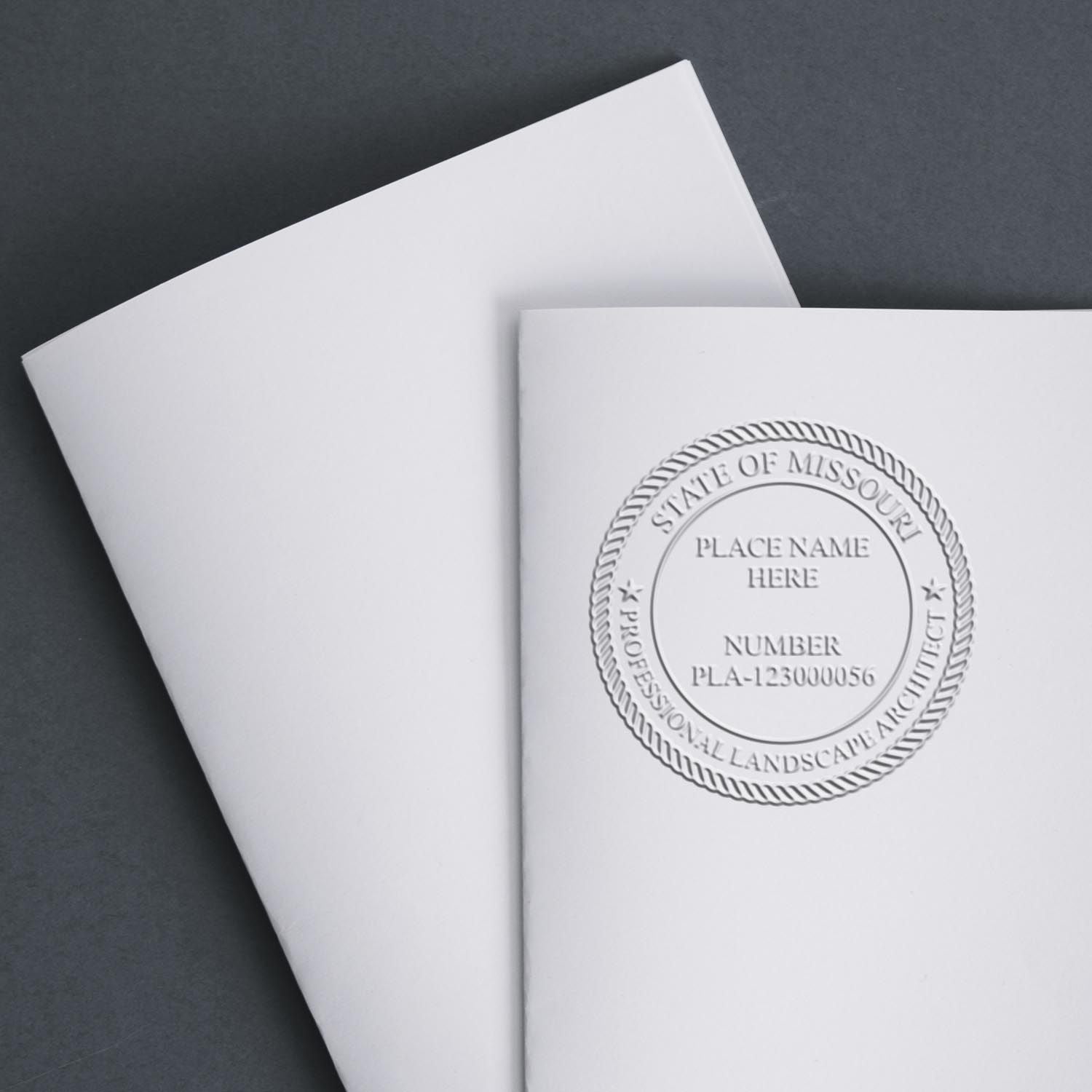 The Missouri Long Reach Landscape Architect Embossing Stamp stamp impression comes to life with a crisp, detailed photo on paper - showcasing true professional quality.