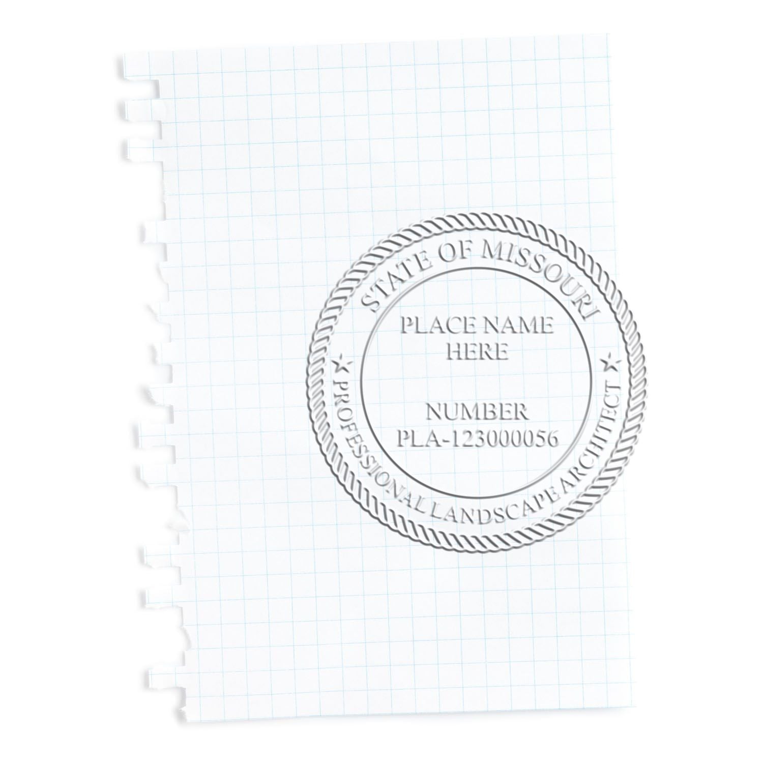 A photograph of the State of Missouri Extended Long Reach Landscape Architect Seal Embosser stamp impression reveals a vivid, professional image of the on paper.