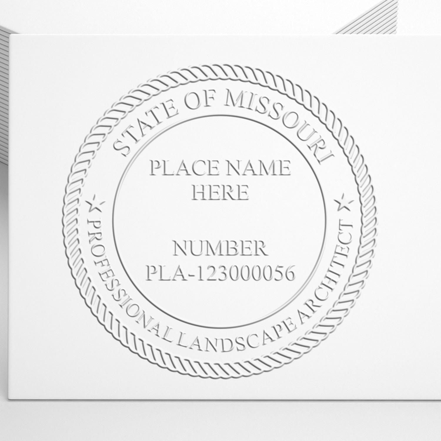 A stamped impression of the State of Missouri Handheld Landscape Architect Seal in this stylish lifestyle photo, setting the tone for a unique and personalized product.