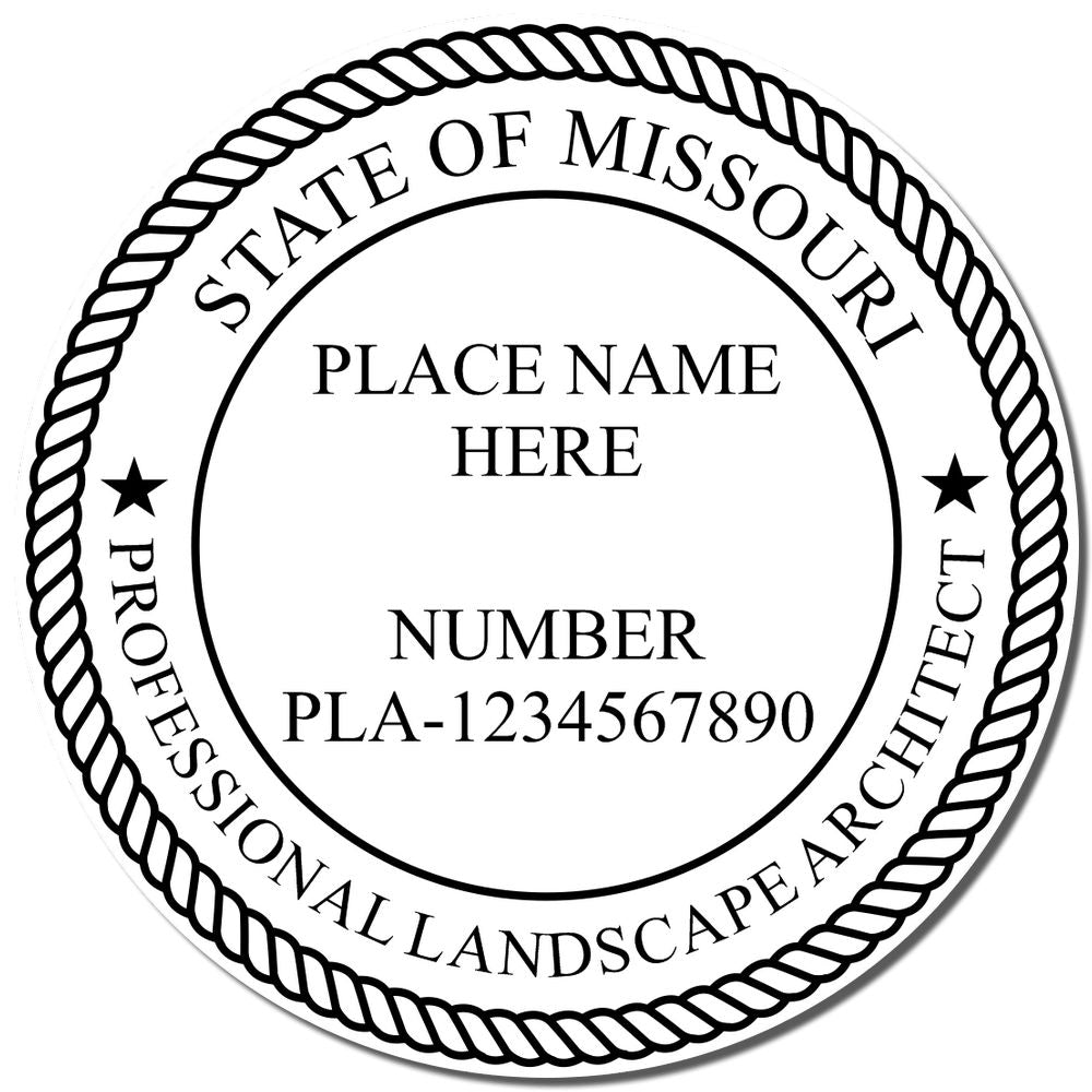 Another Example of a stamped impression of the Premium MaxLight Pre-Inked Missouri Landscape Architectural Stamp on a piece of office paper.