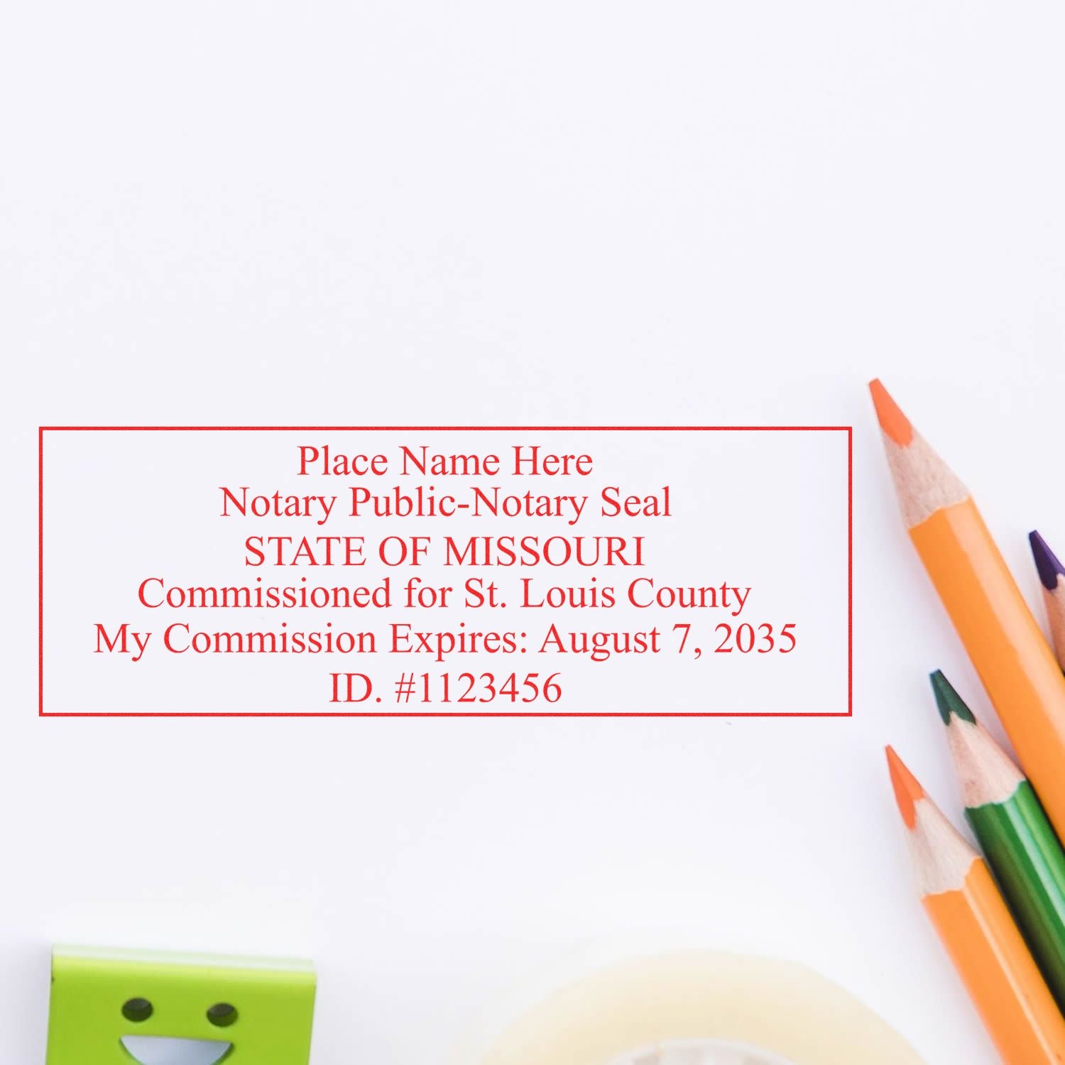 An alternative view of the Slim Pre-Inked Rectangular Notary Stamp for Missouri stamped on a sheet of paper showing the image in use