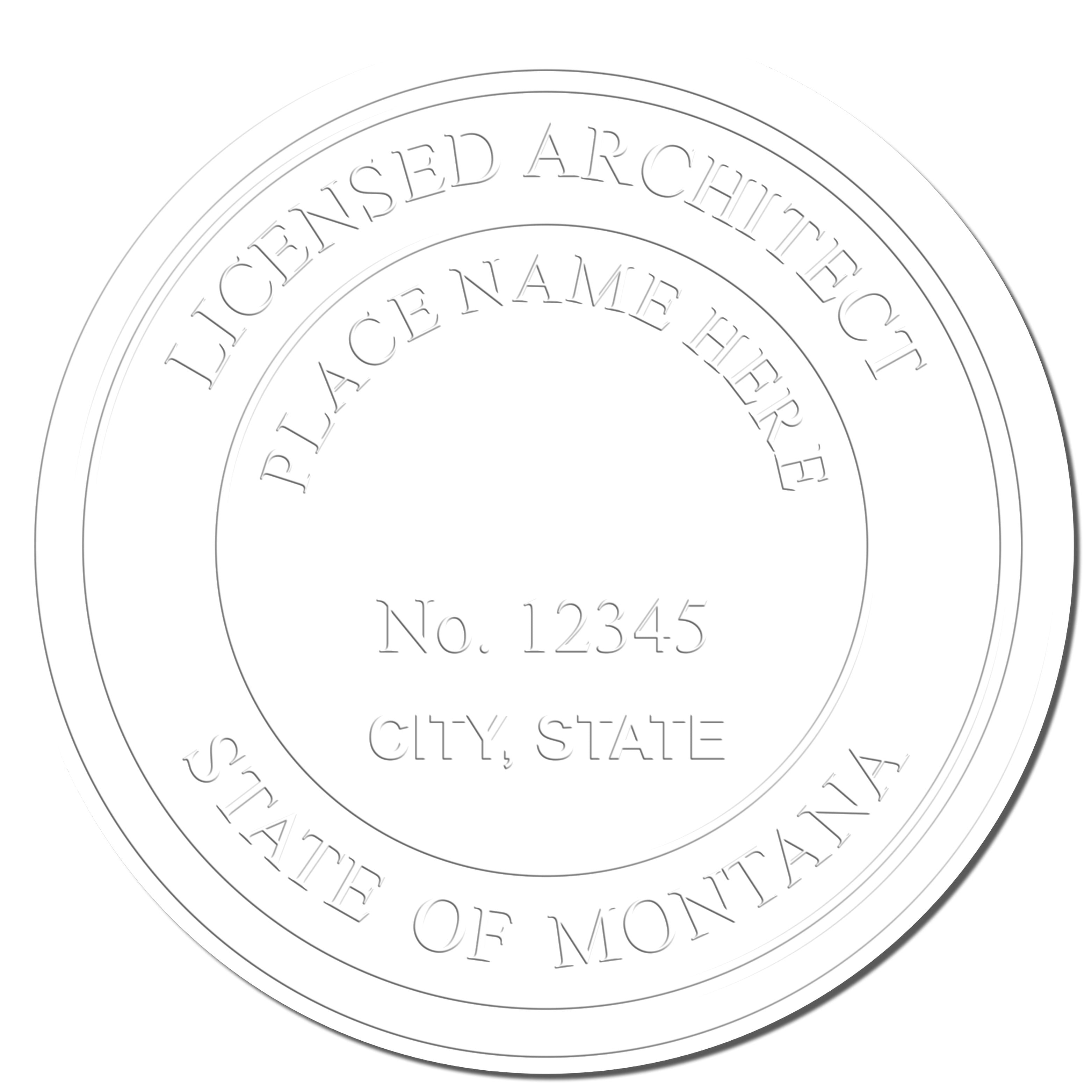 A photograph of the Montana Desk Architect Embossing Seal stamp impression reveals a vivid, professional image of the on paper.