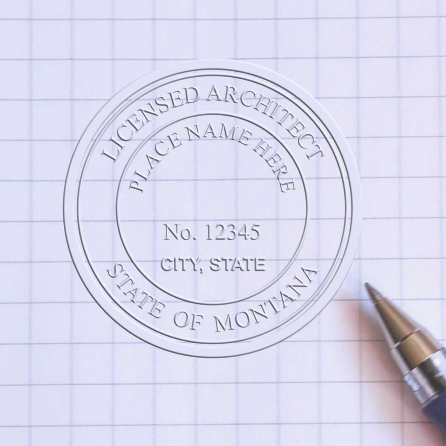 Extended Long Reach Montana Architect Seal Embosser in use photo showing a stamped imprint of the Extended Long Reach Montana Architect Seal Embosser