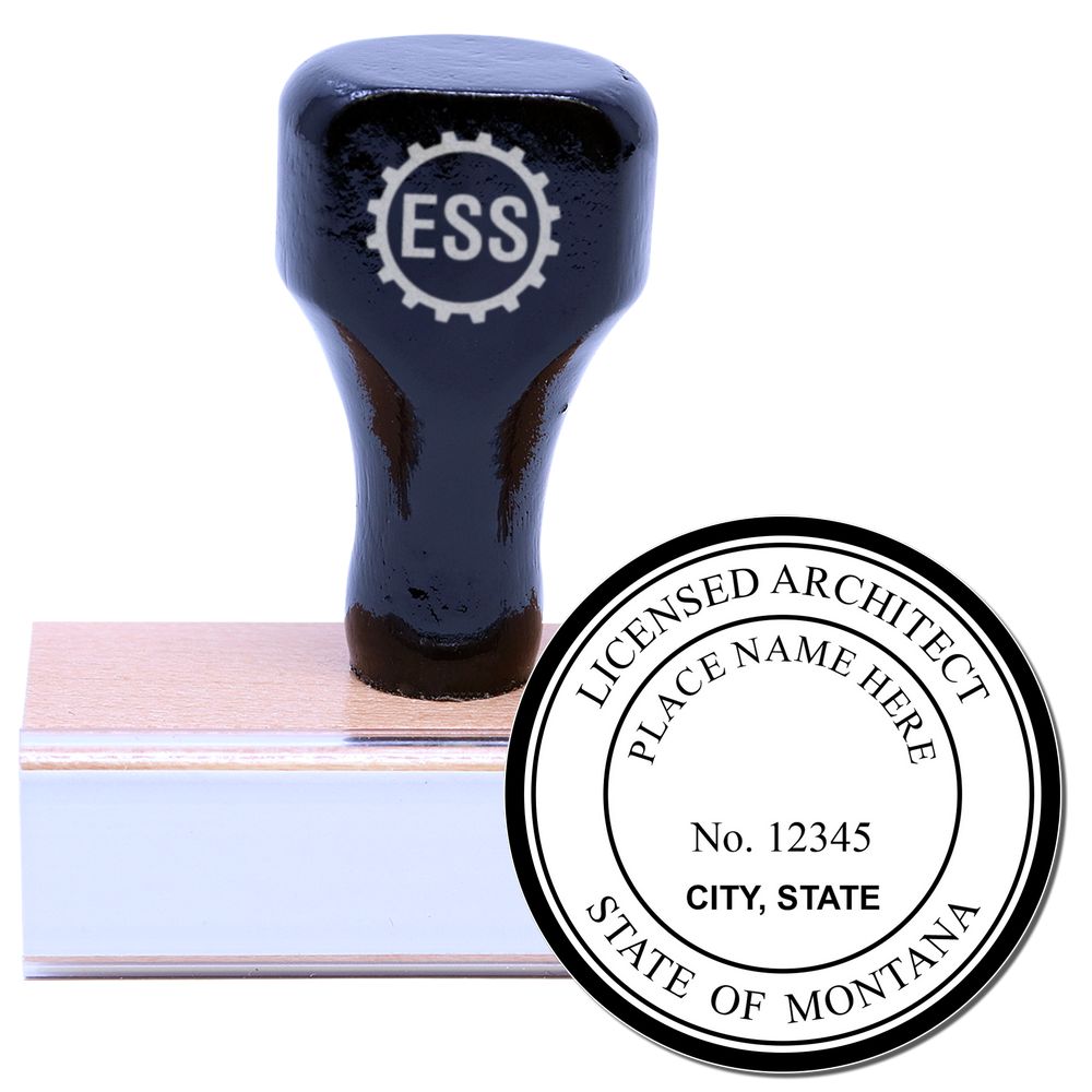 Montana Architect Seal Stamp with a wooden handle and rubber base, featuring a circular design for licensed architects in Montana.