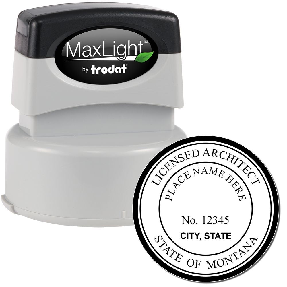 Premium MaxLight Pre-Inked Montana Architectural Stamp, featuring a round design for licensed architects in Montana.