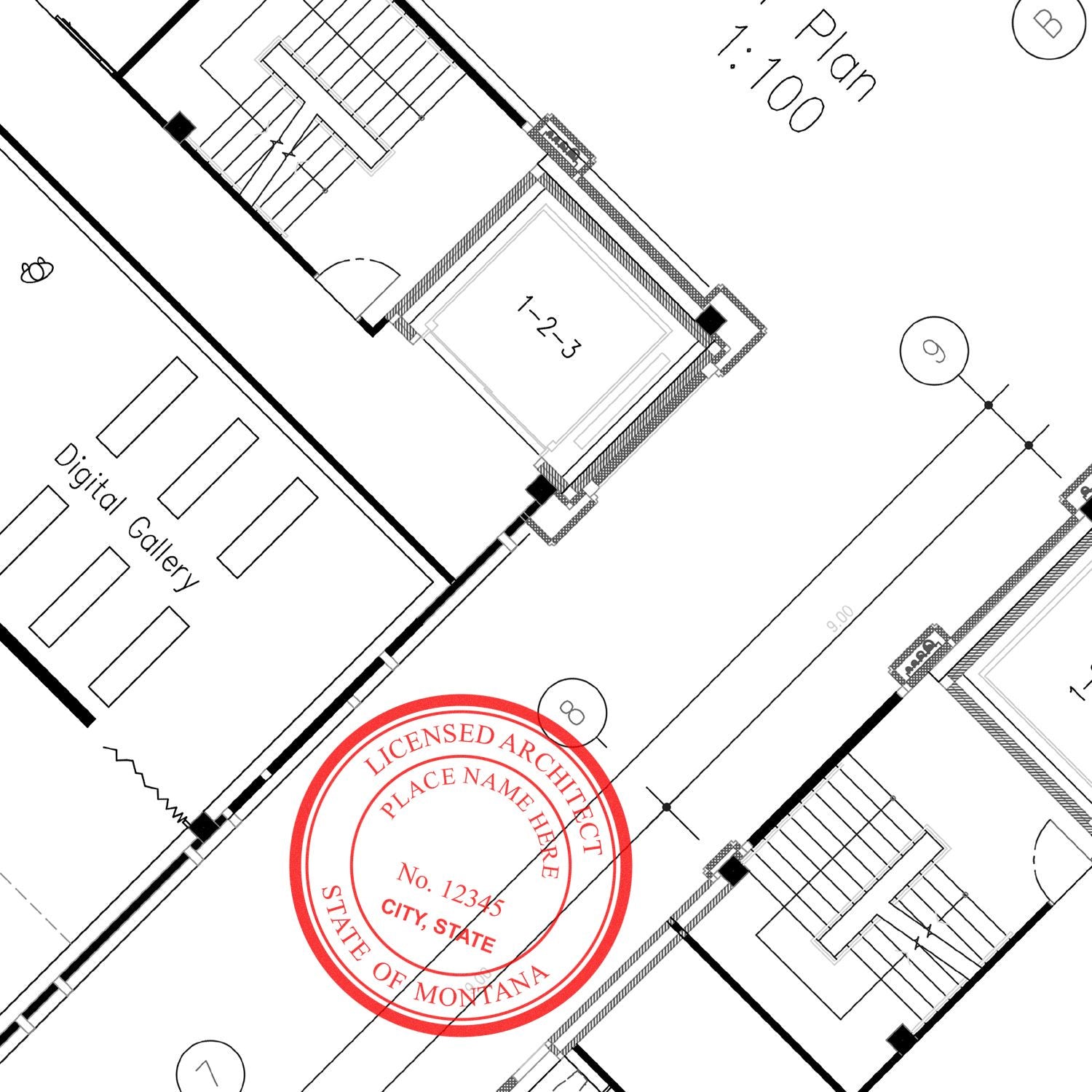 Self Inking Montana Architect Stamp imprint on architectural blueprint, showing licensed architect details in red ink.