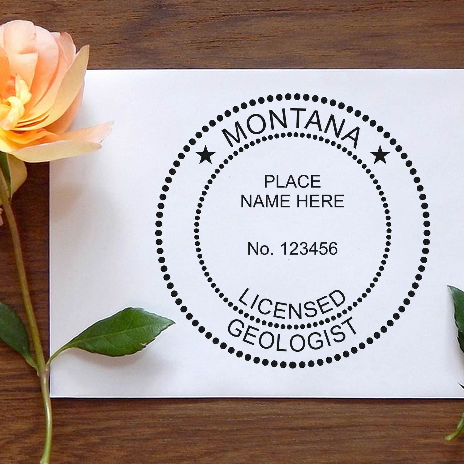 A photograph of the Digital Montana Geologist Stamp, Electronic Seal for Montana Geologist stamp impression reveals a vivid, professional image of the on paper.