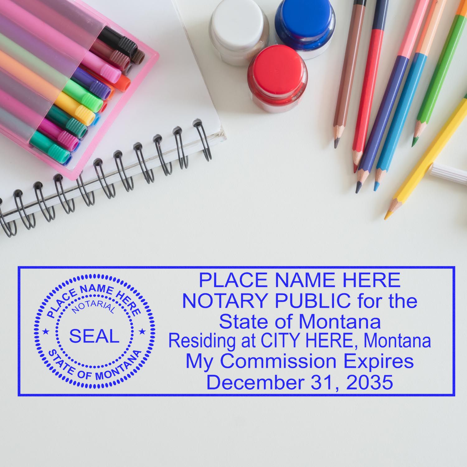 A photograph of the Self-Inking State Seal Montana Notary Stamp stamp impression reveals a vivid, professional image of the on paper.