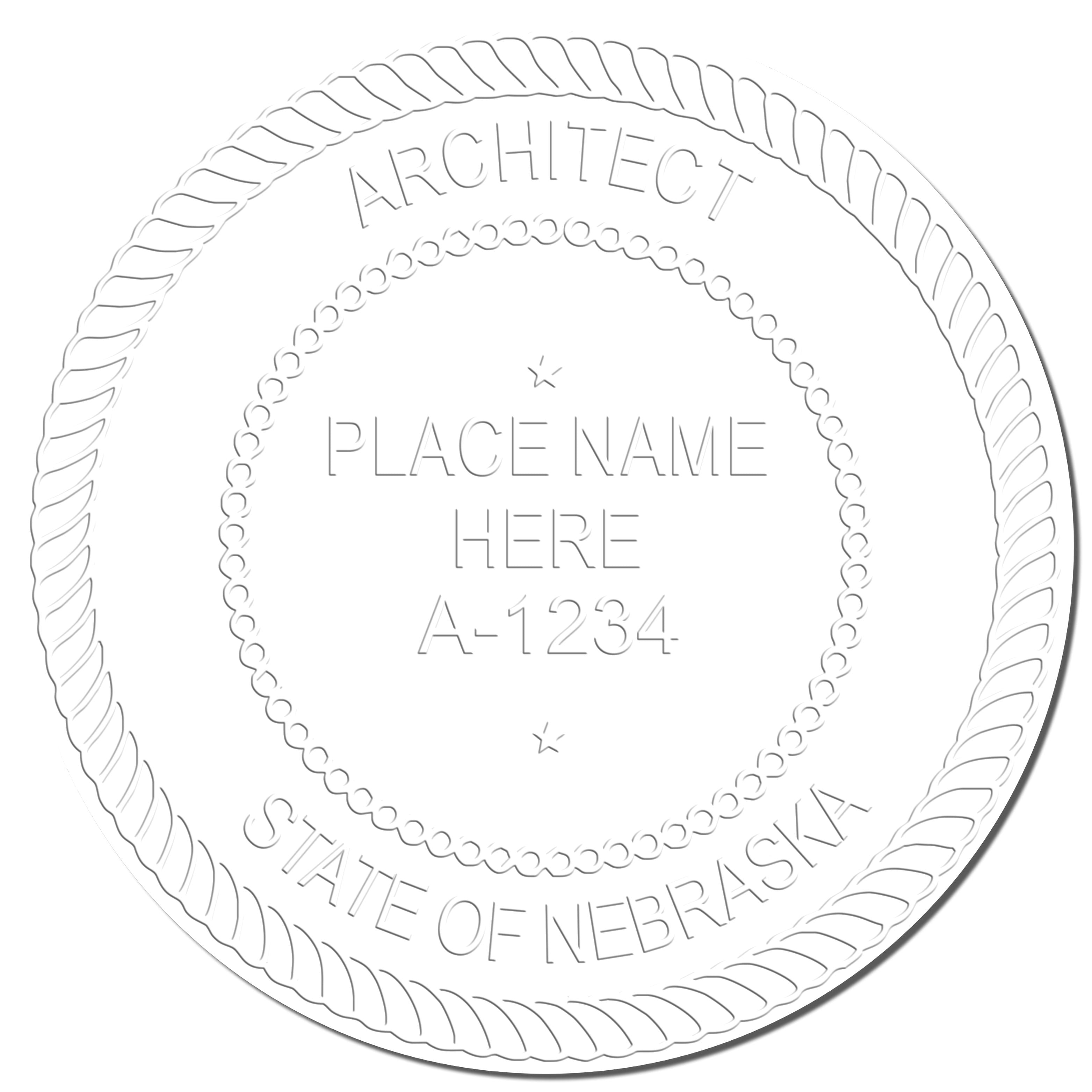 A photograph of the Handheld Nebraska Architect Seal Embosser stamp impression reveals a vivid, professional image of the on paper.