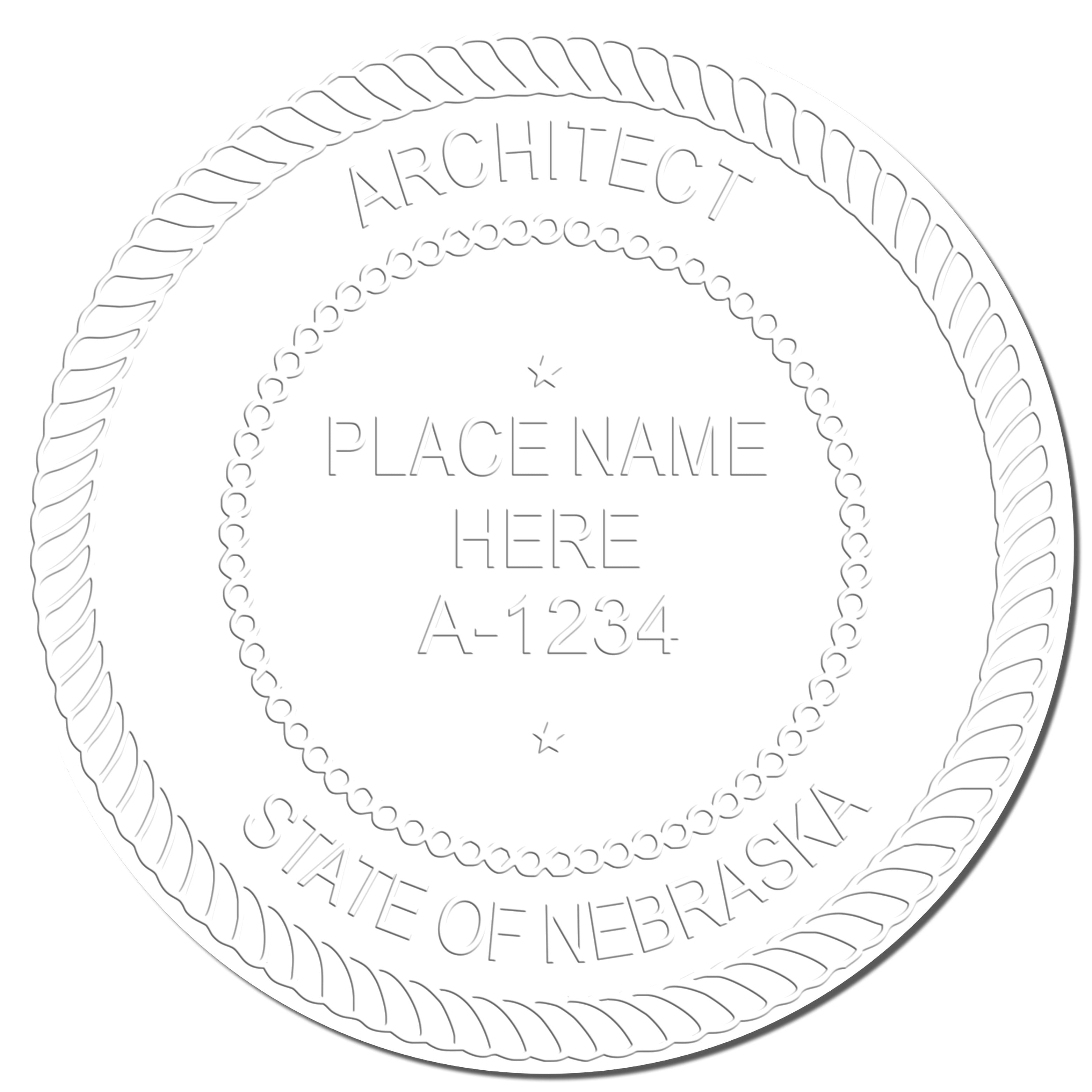 A photograph of the Extended Long Reach Nebraska Architect Seal Embosser stamp impression reveals a vivid, professional image of the on paper.