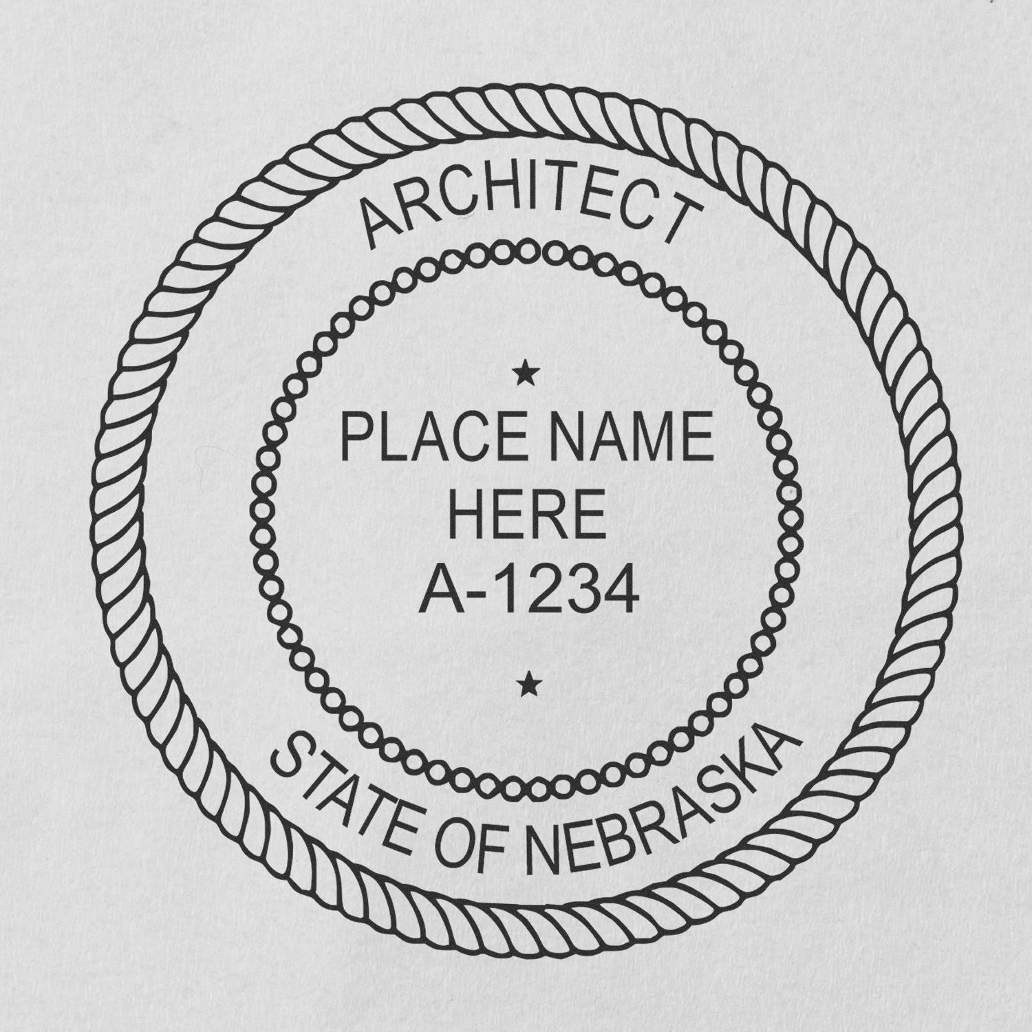 Nebraska Architect Seal Stamp with rope border, customizable with place name and registration number, labeled Architect and State of Nebraska.