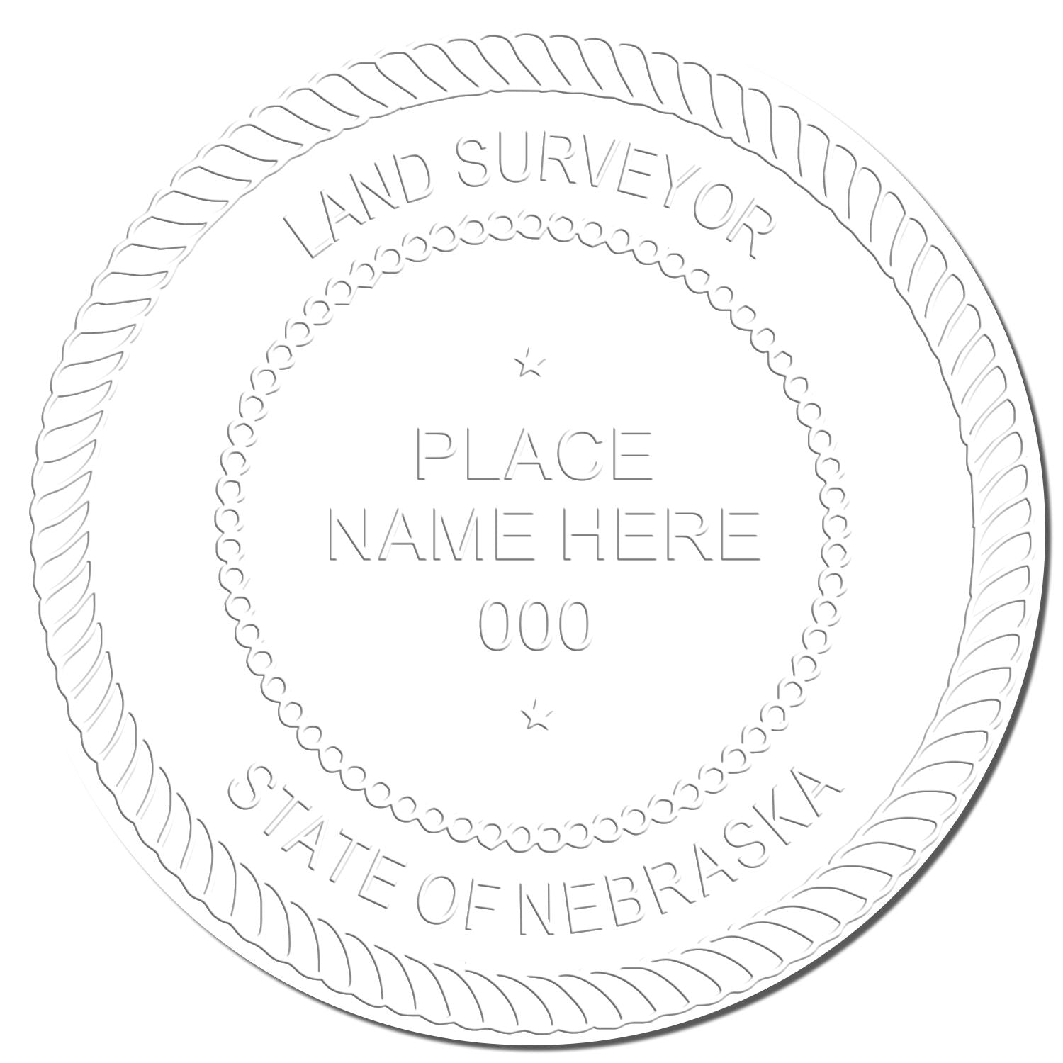 This paper is stamped with a sample imprint of the State of Nebraska Soft Land Surveyor Embossing Seal, signifying its quality and reliability.