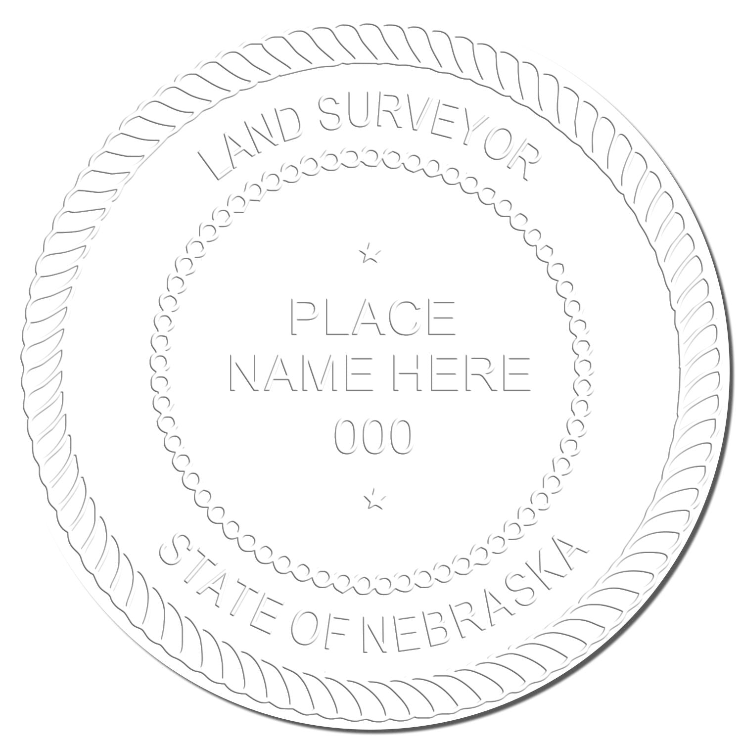 This paper is stamped with a sample imprint of the Heavy Duty Cast Iron Nebraska Land Surveyor Seal Embosser, signifying its quality and reliability.