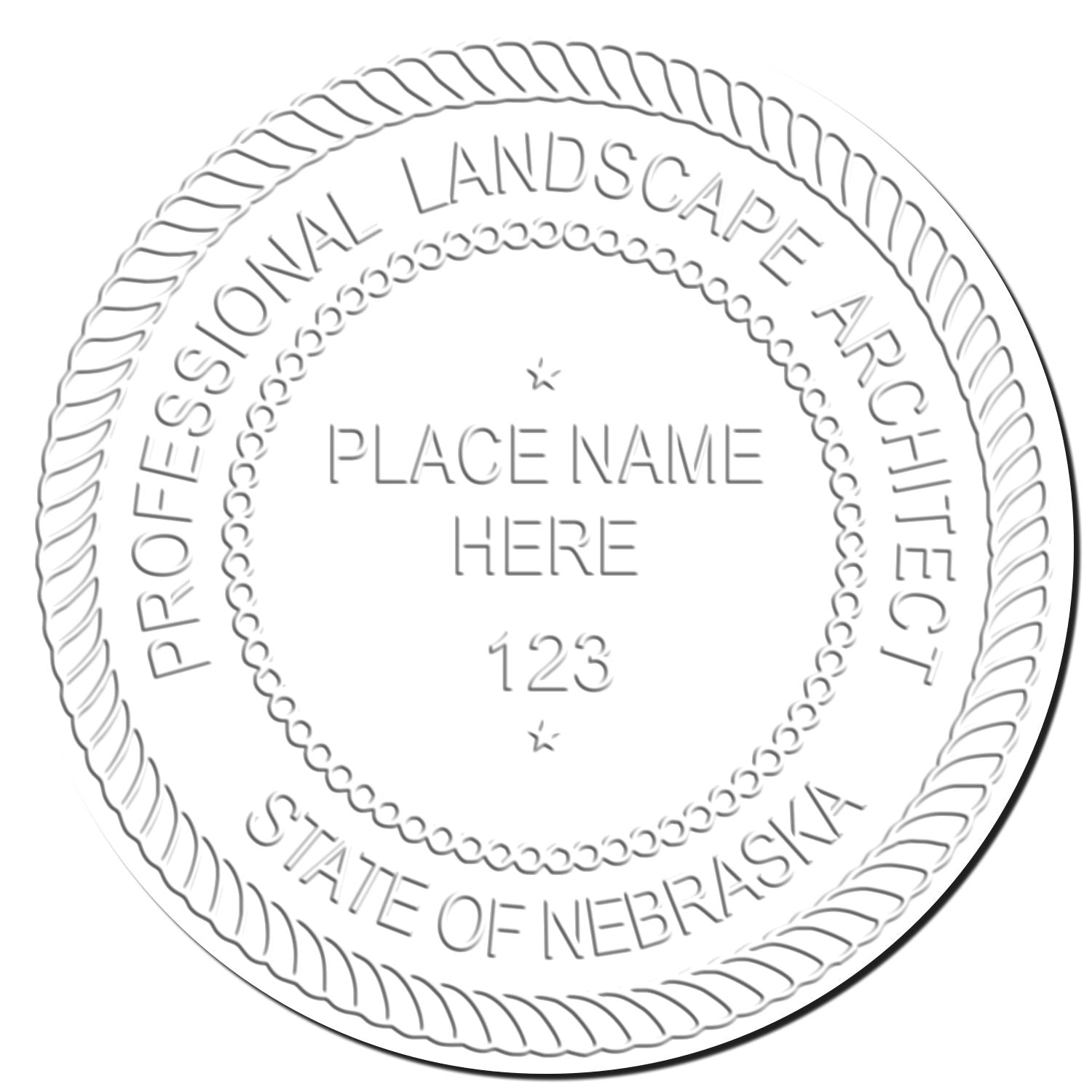 This paper is stamped with a sample imprint of the Nebraska Long Reach Landscape Architect Embossing Stamp, signifying its quality and reliability.