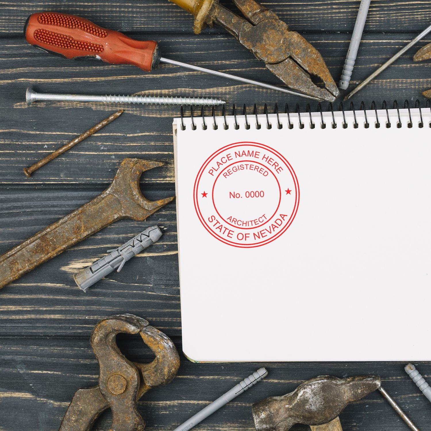 The Slim Pre-Inked Nevada Architect Seal Stamp stamp impression comes to life with a crisp, detailed photo on paper - showcasing true professional quality.