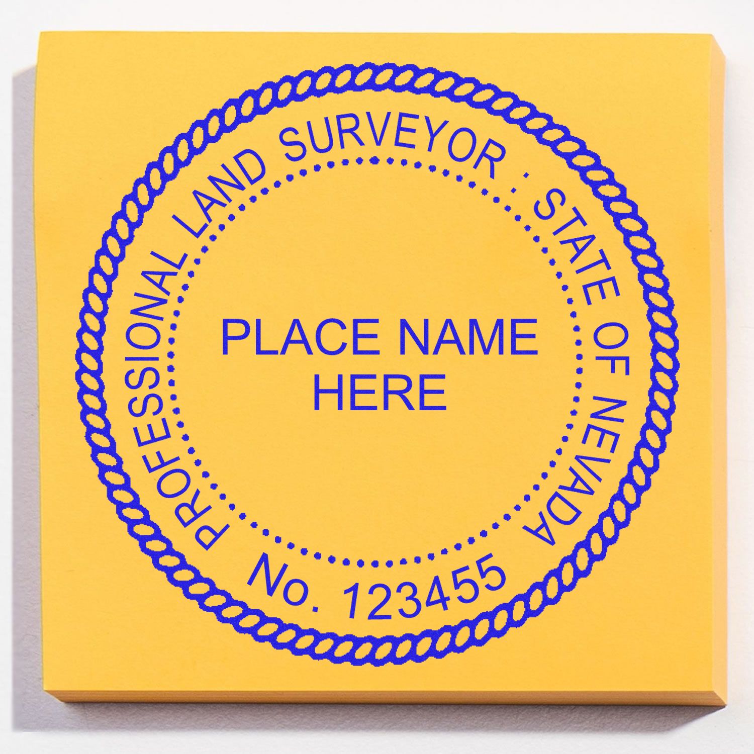 Nevada Land Surveyor Seal Stamp, NV PLS Stamp on a yellow background with customizable text area for name and number.