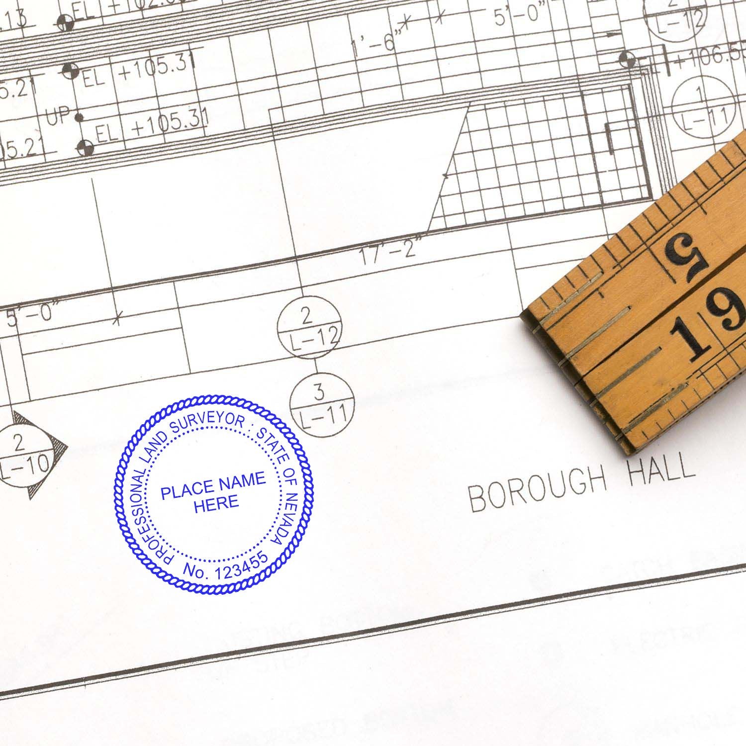 Another Example of a stamped impression of the Slim Pre-Inked Nevada Land Surveyor Seal Stamp on a piece of office paper.