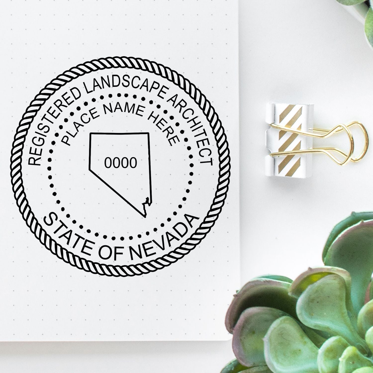 A stamped impression of the Self-Inking Nevada Landscape Architect Stamp in this stylish lifestyle photo, setting the tone for a unique and personalized product.