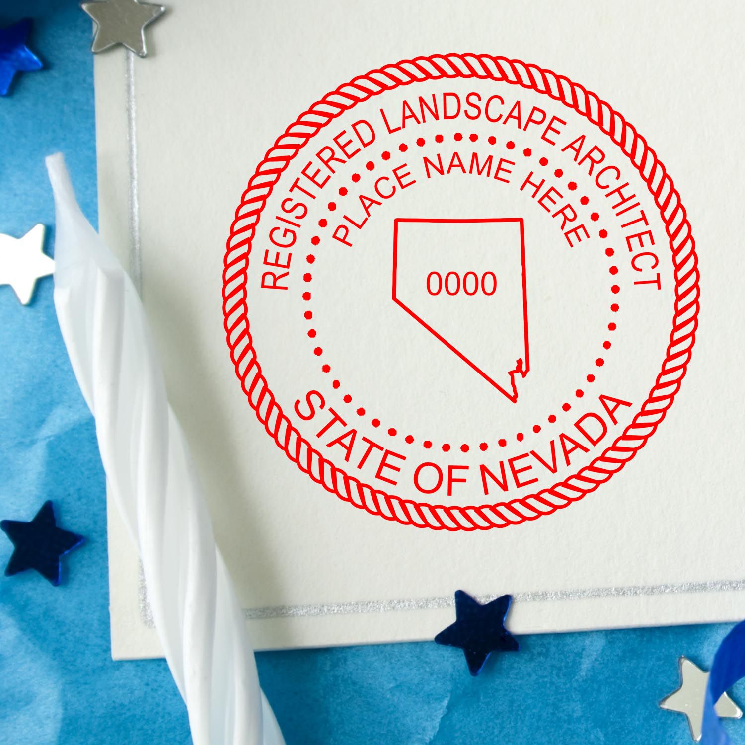 A photograph of the Digital Nevada Landscape Architect Stamp stamp impression reveals a vivid, professional image of the on paper.