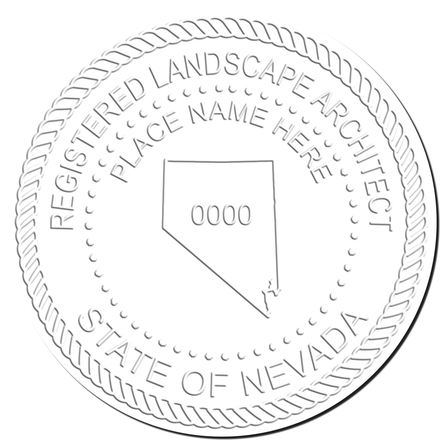 This paper is stamped with a sample imprint of the State of Nevada Handheld Landscape Architect Seal, signifying its quality and reliability.