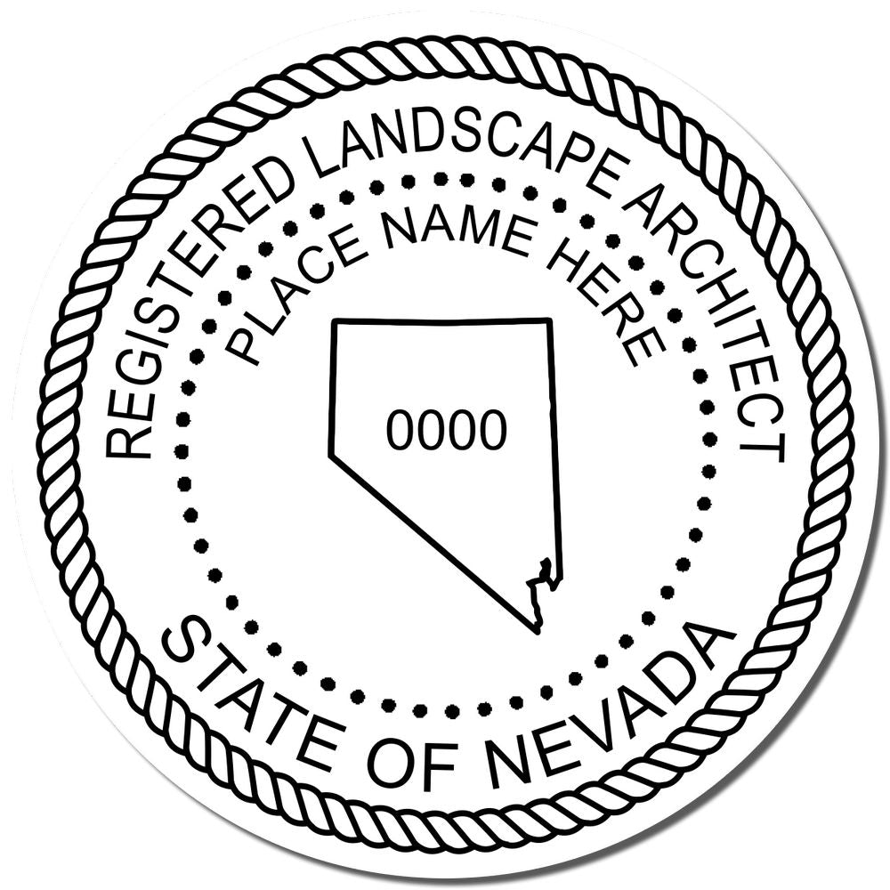 An alternative view of the Digital Nevada Landscape Architect Stamp stamped on a sheet of paper showing the image in use