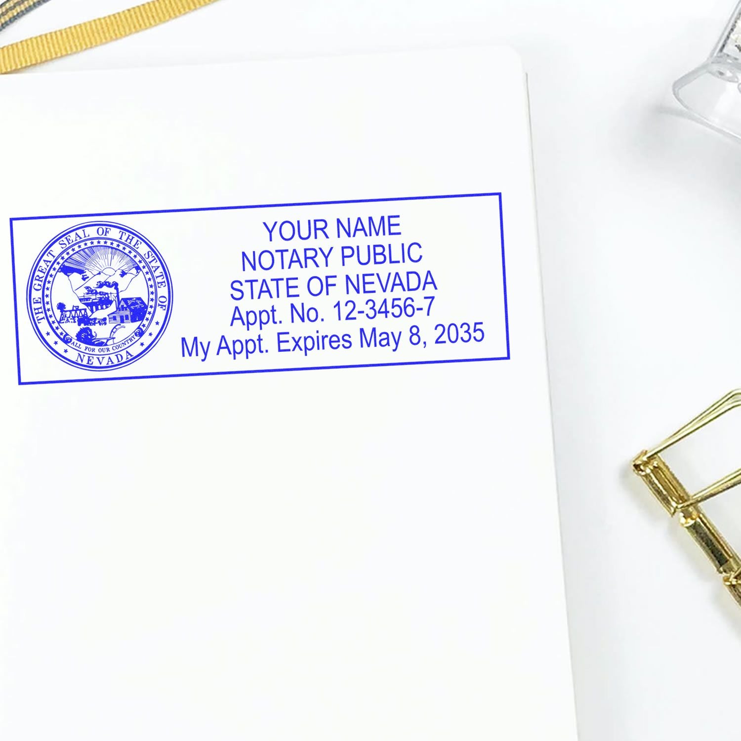 A stamped impression of the Self-Inking State Seal Nevada Notary Stamp in this stylish lifestyle photo, setting the tone for a unique and personalized product.