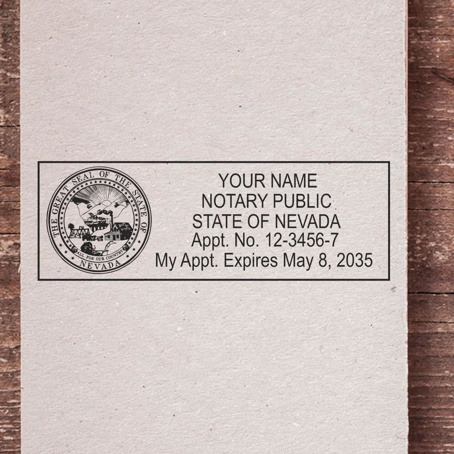 A stamped impression of the Self-Inking State Seal Nevada Notary Stamp in this stylish lifestyle photo, setting the tone for a unique and personalized product.