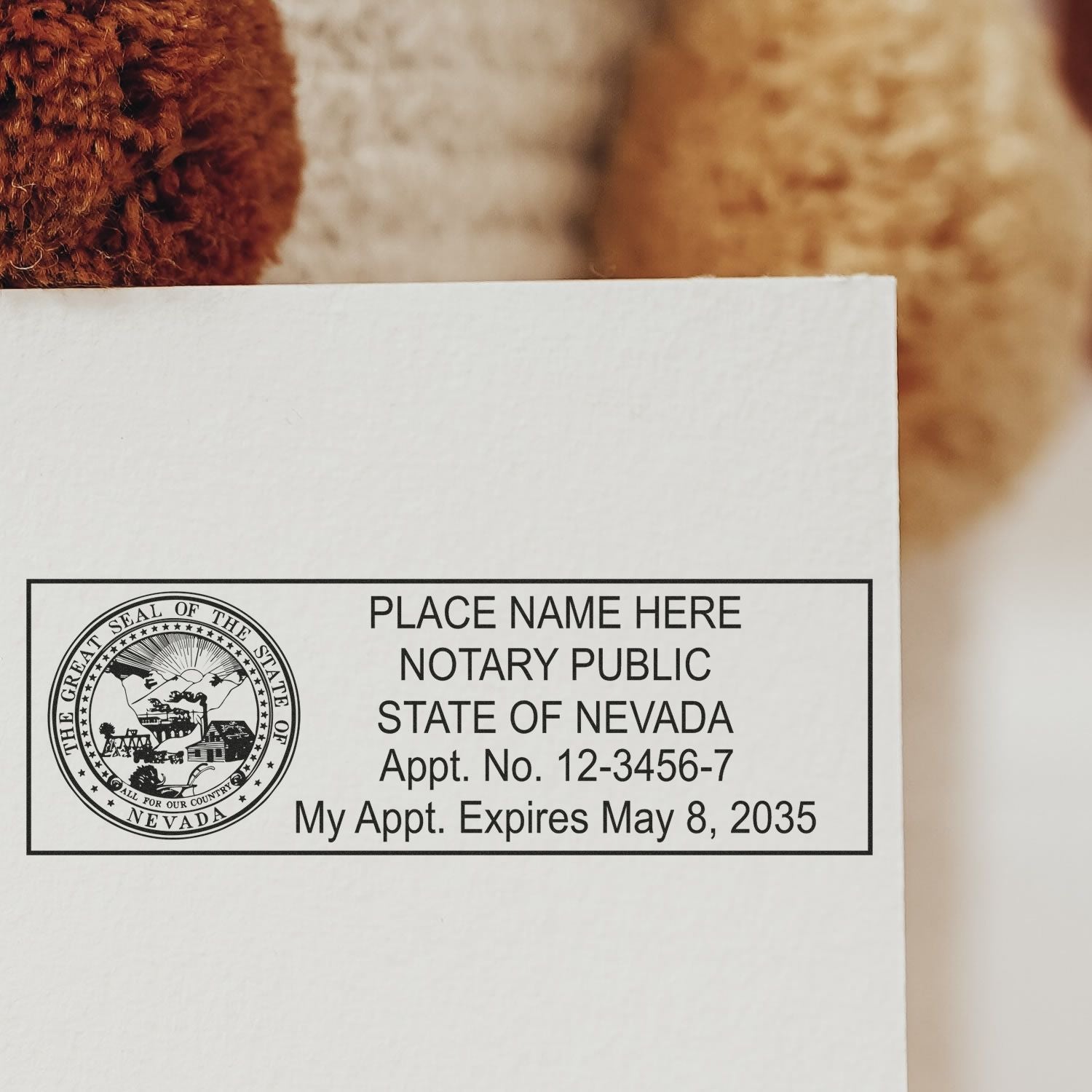 Another Example of a stamped impression of the Self-Inking State Seal Nevada Notary Stamp on a piece of office paper.