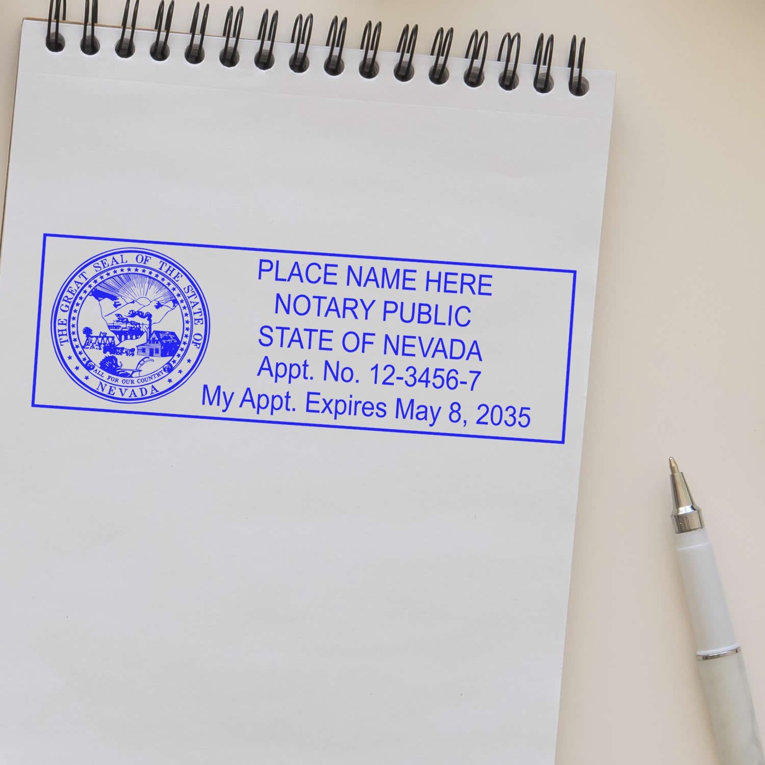 An alternative view of the PSI Nevada Notary Stamp stamped on a sheet of paper showing the image in use