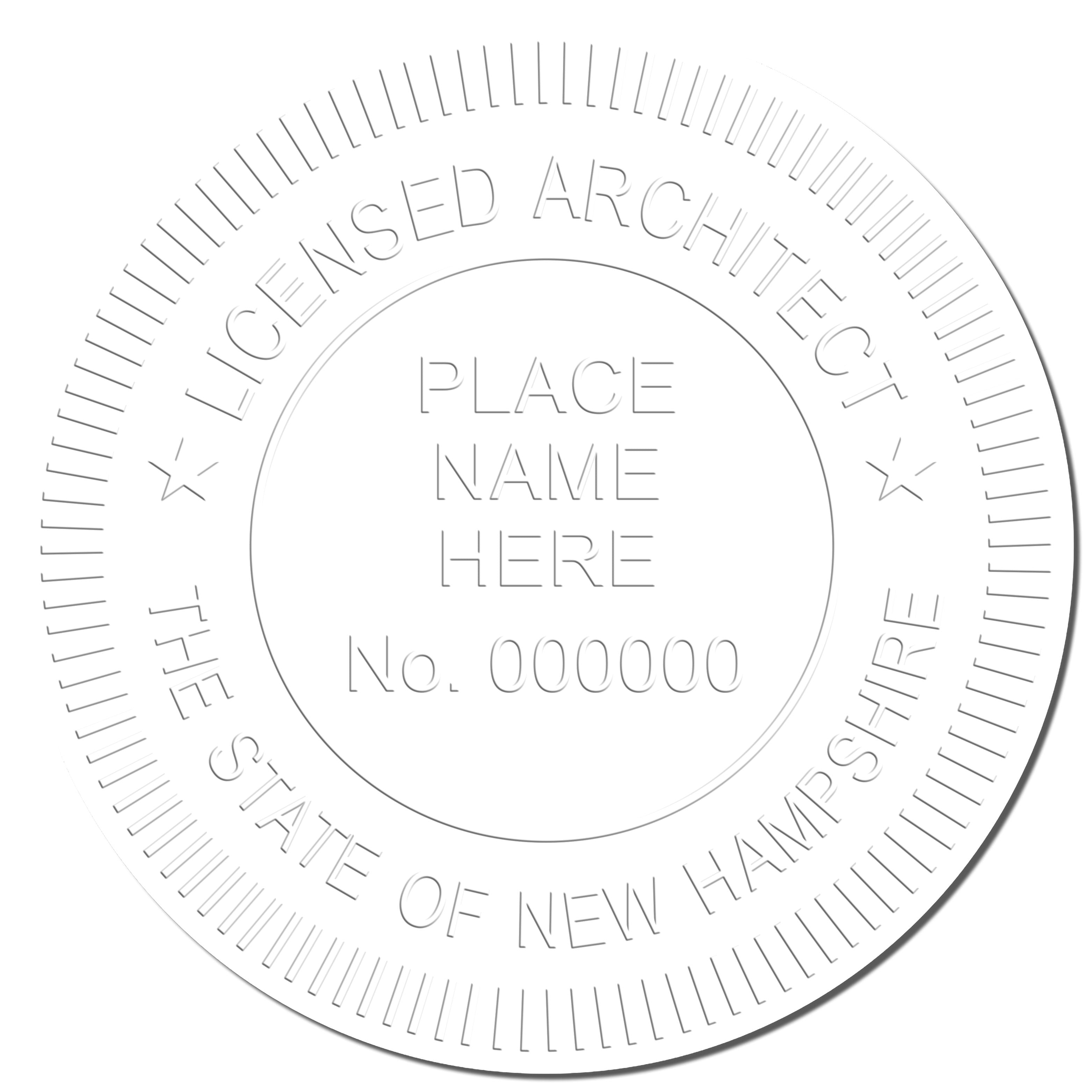 A photograph of the New Hampshire Desk Architect Embossing Seal stamp impression reveals a vivid, professional image of the on paper.