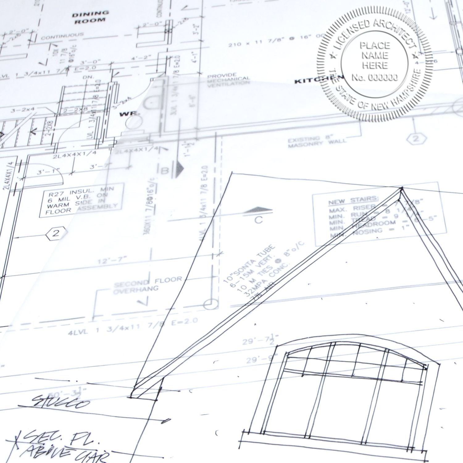 Handheld New Hampshire Architect Seal Embosser in use photo showing a stamped imprint of the Handheld New Hampshire Architect Seal Embosser