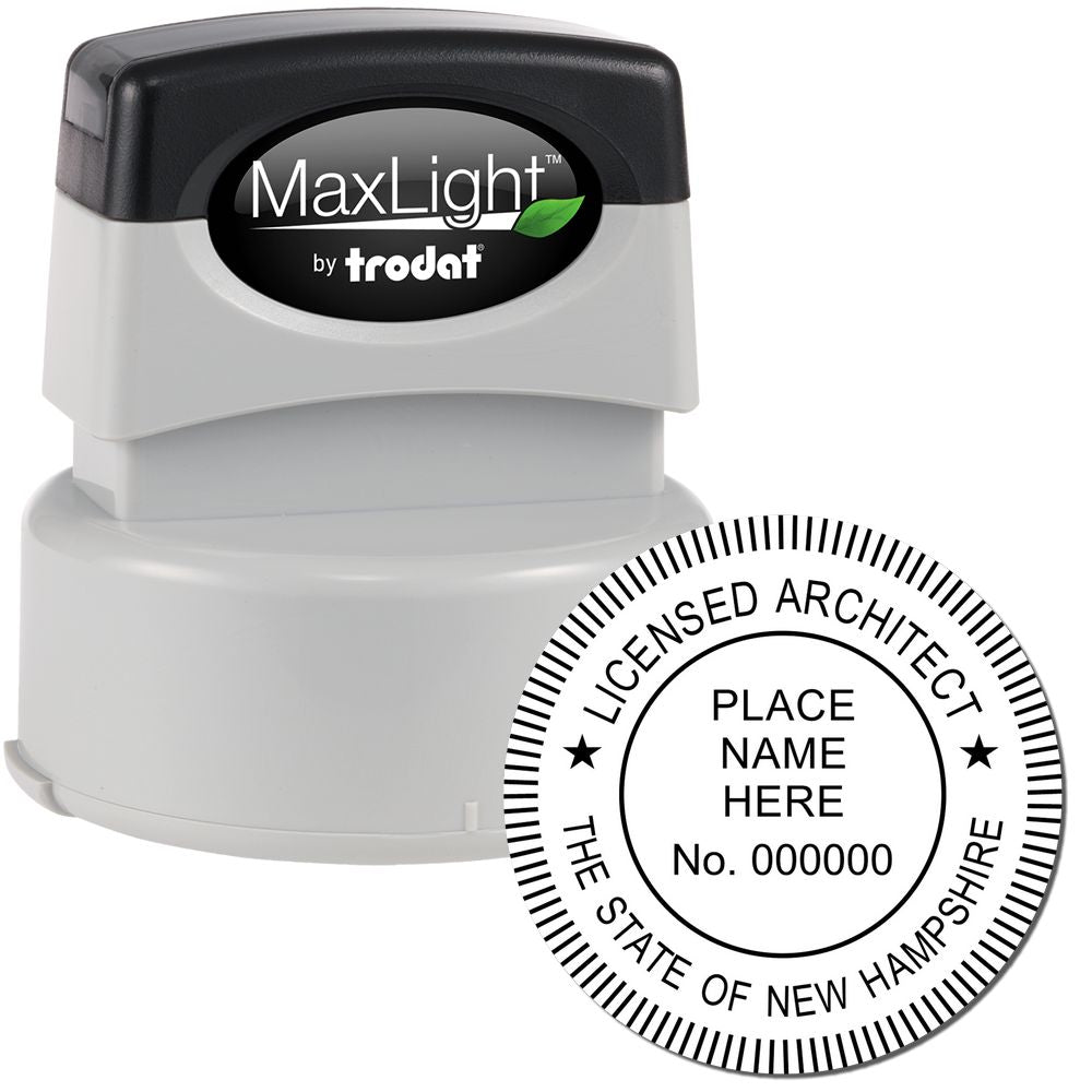 Premium MaxLight Pre-Inked New Hampshire Architectural Stamp with a round design, customizable with name and license number.