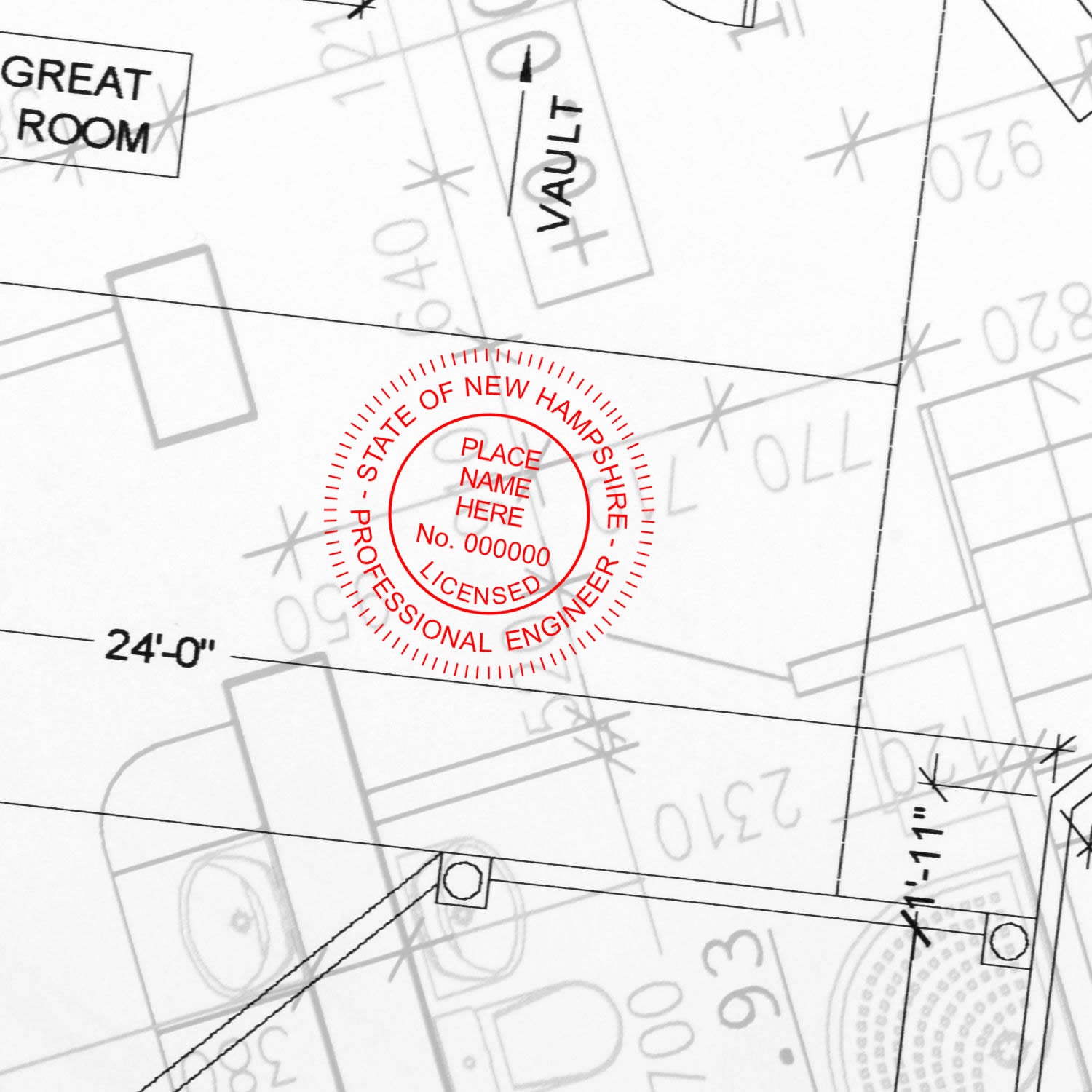 An alternative view of the Digital New Hampshire PE Stamp and Electronic Seal for New Hampshire Engineer stamped on a sheet of paper showing the image in use