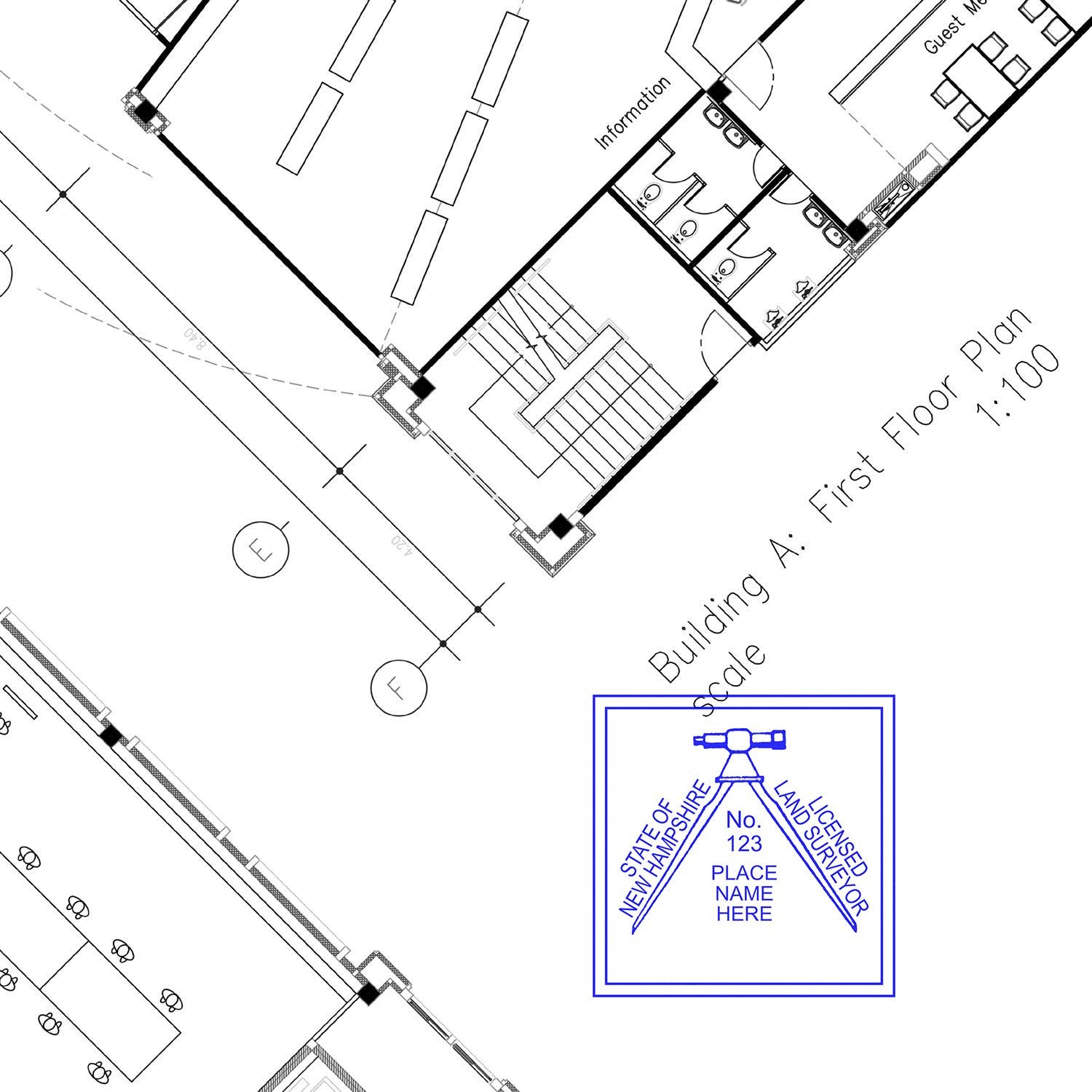 Blueprint with a Digital New Hampshire Land Surveyor Stamp, Electronic Seal for New Hampshire Land Surveyor, in the bottom right corner.