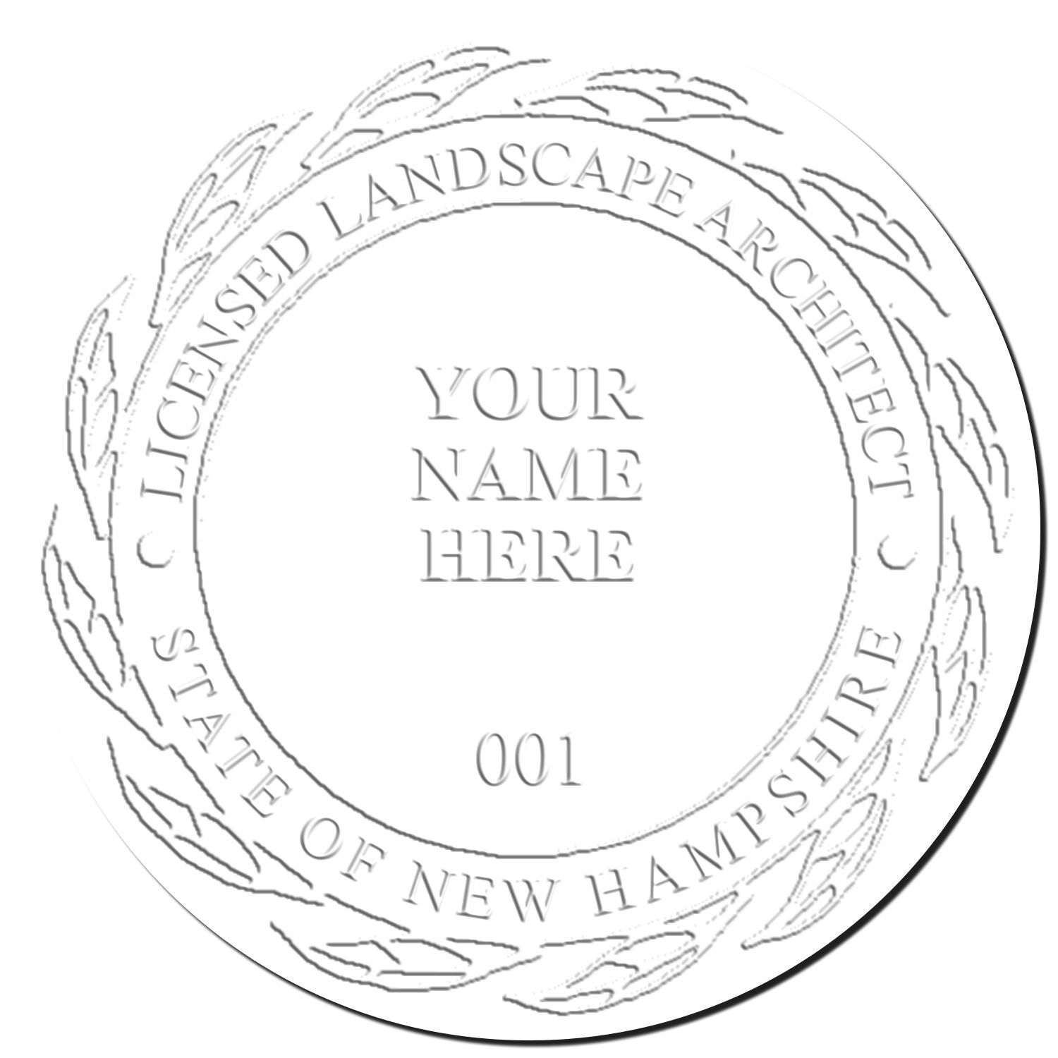 This paper is stamped with a sample imprint of the New Hampshire Desk Landscape Architectural Seal Embosser, signifying its quality and reliability.