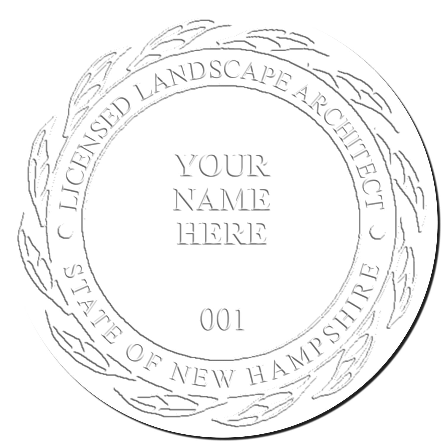 This paper is stamped with a sample imprint of the New Hampshire Long Reach Landscape Architect Embossing Stamp, signifying its quality and reliability.