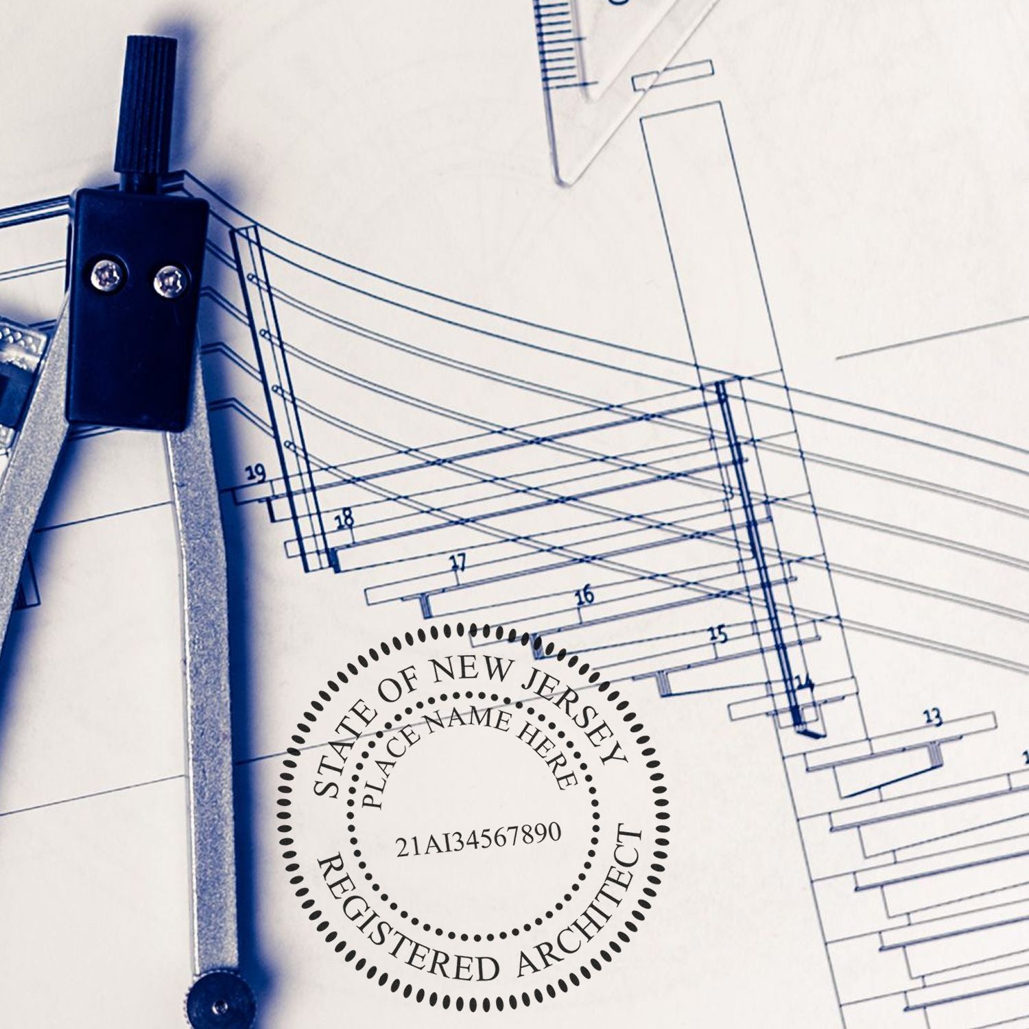 Architectural drawing with a Self Inking New Jersey Architect Stamp, compass, and ruler. The stamp reads State of New Jersey Registered Architect.