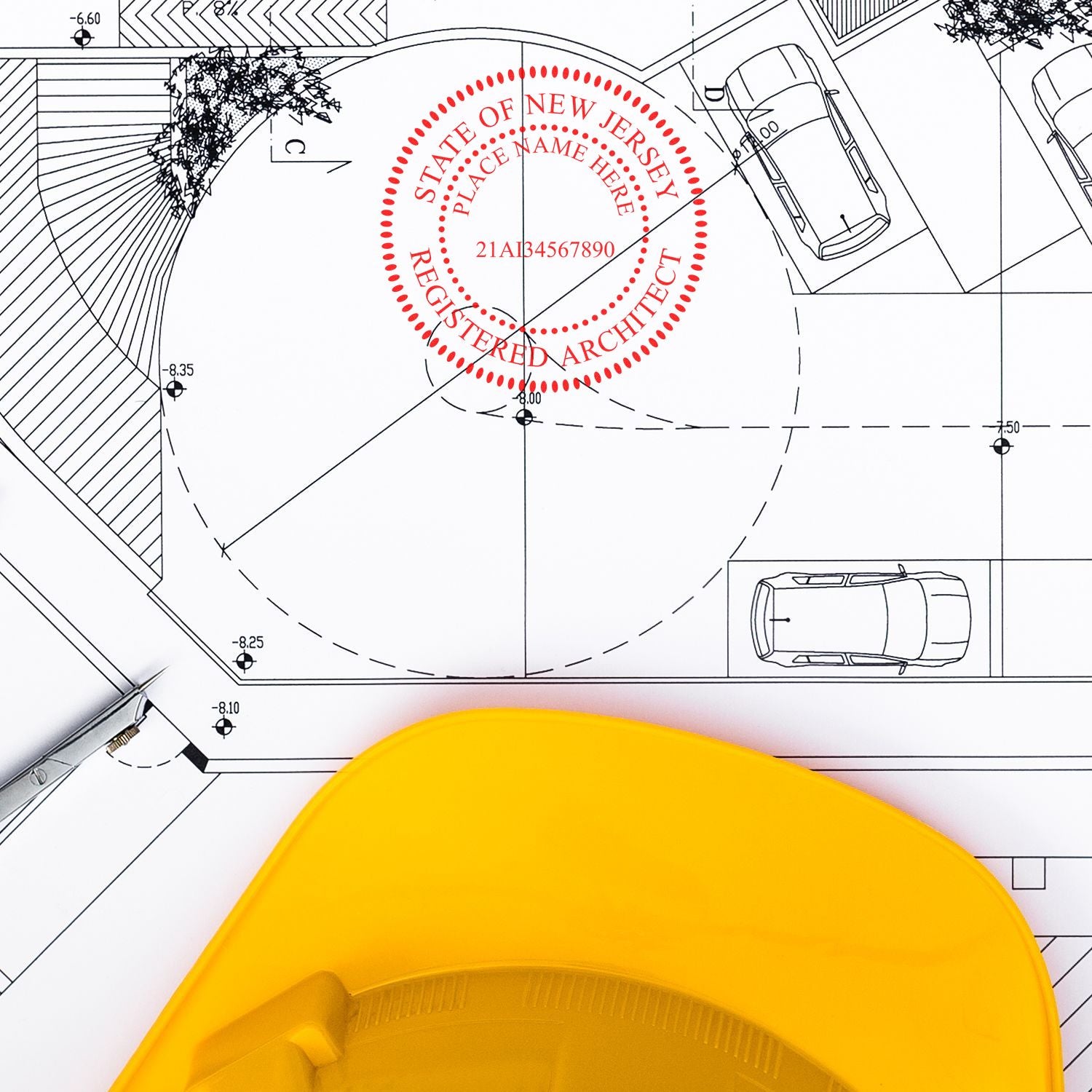 Premium MaxLight Pre-Inked New Jersey Architectural Stamp in use on a detailed architectural blueprint with a yellow hard hat nearby.